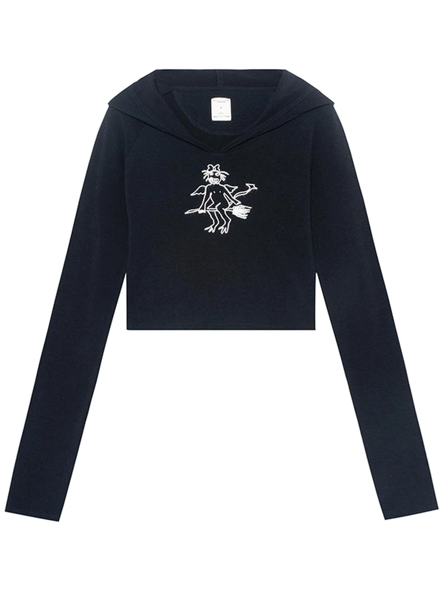 Magic Broom Print Hooded Long Sleeve Tee