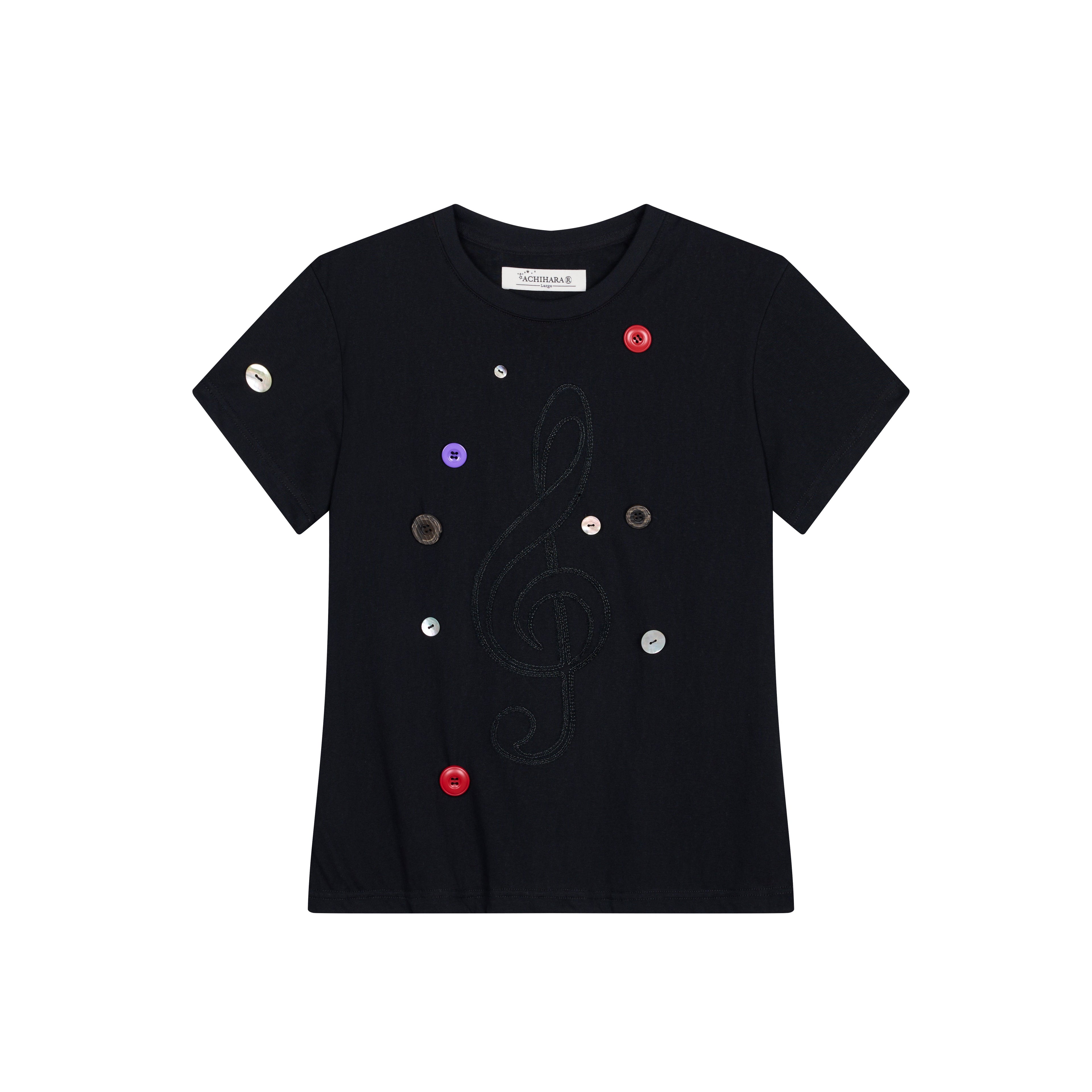 Achihara Music Button Embroidered Tee V Neck T Shirt Long Sleeve