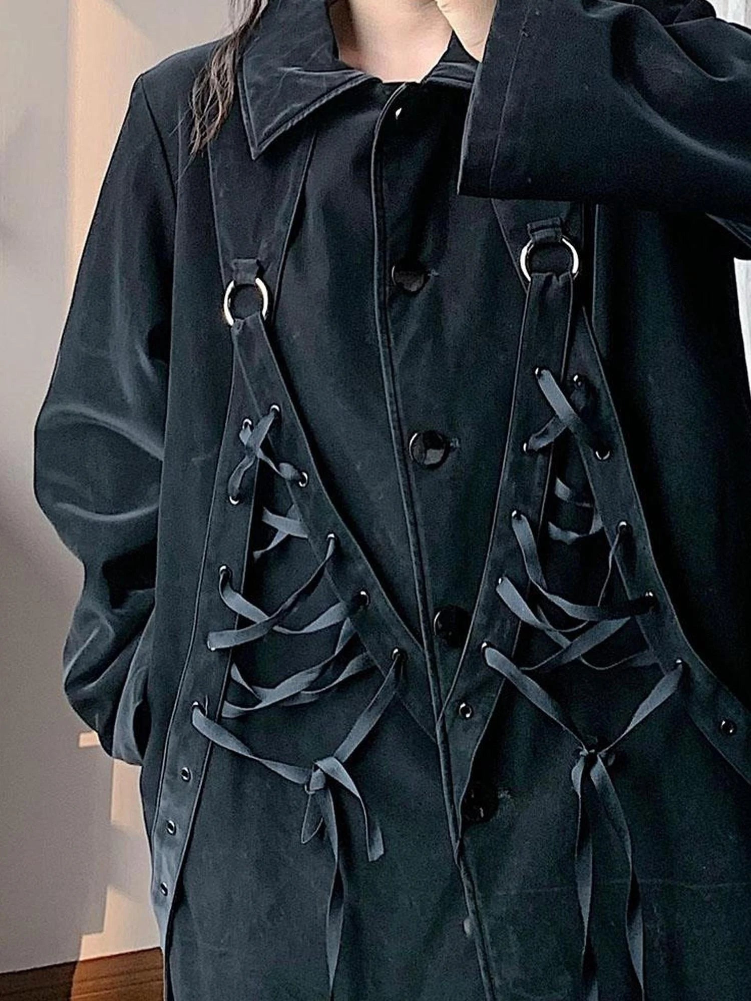 Black Punk Wool Lined Thick Leather Coat For Women