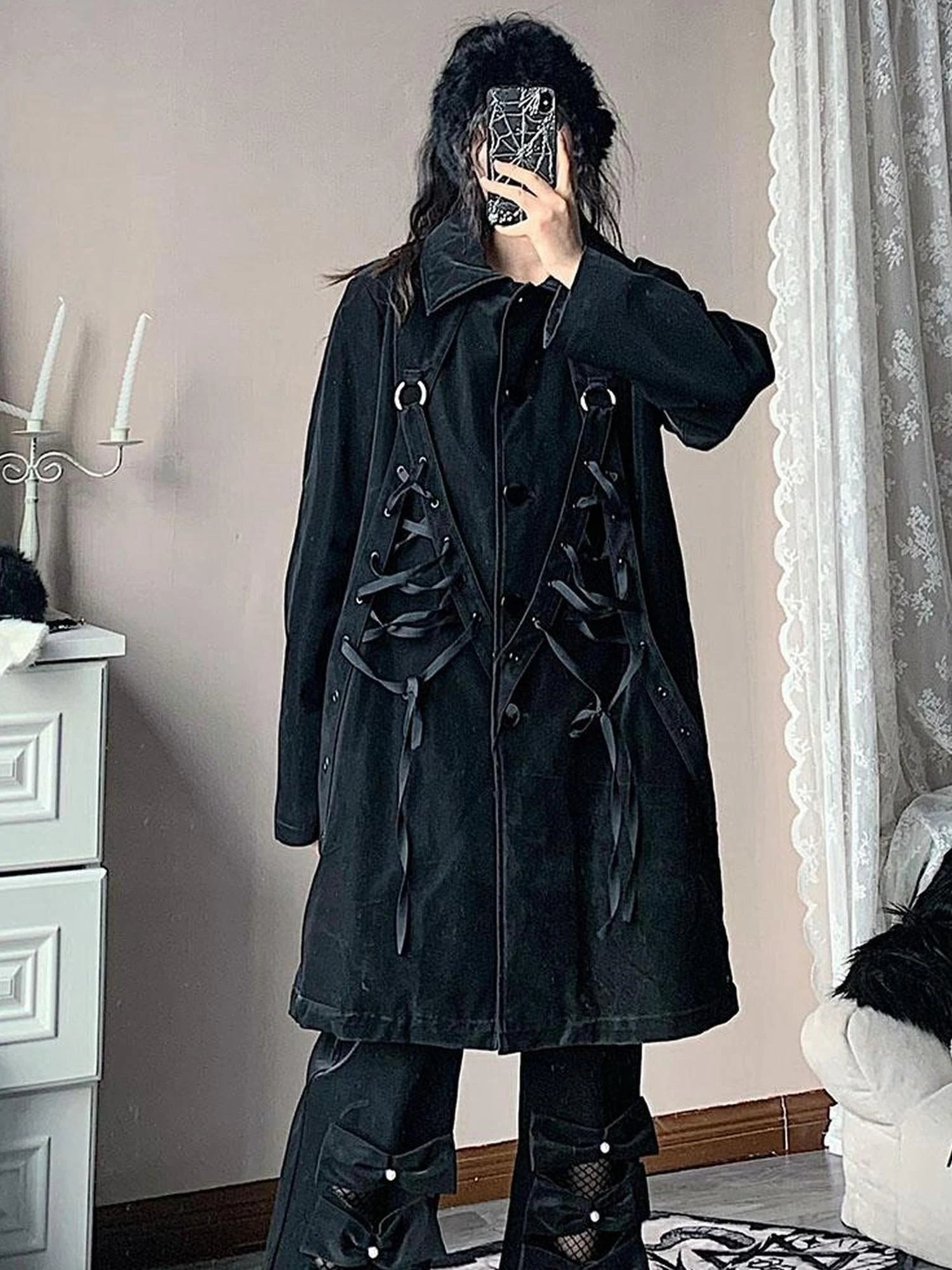 Black Punk Wool Lined Thick Leather Coat For Women