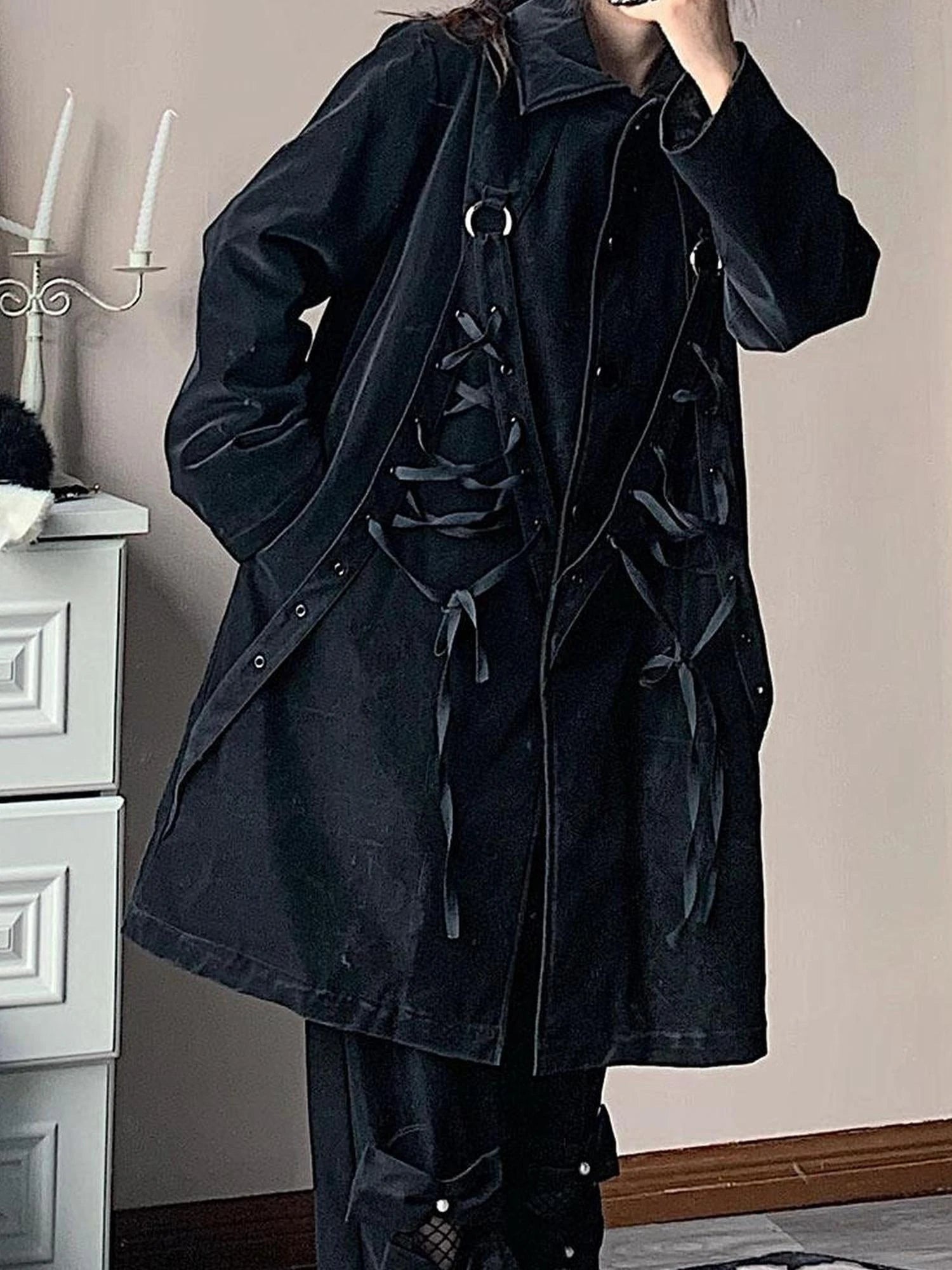 Black Punk Wool Lined Thick Leather Coat For Women