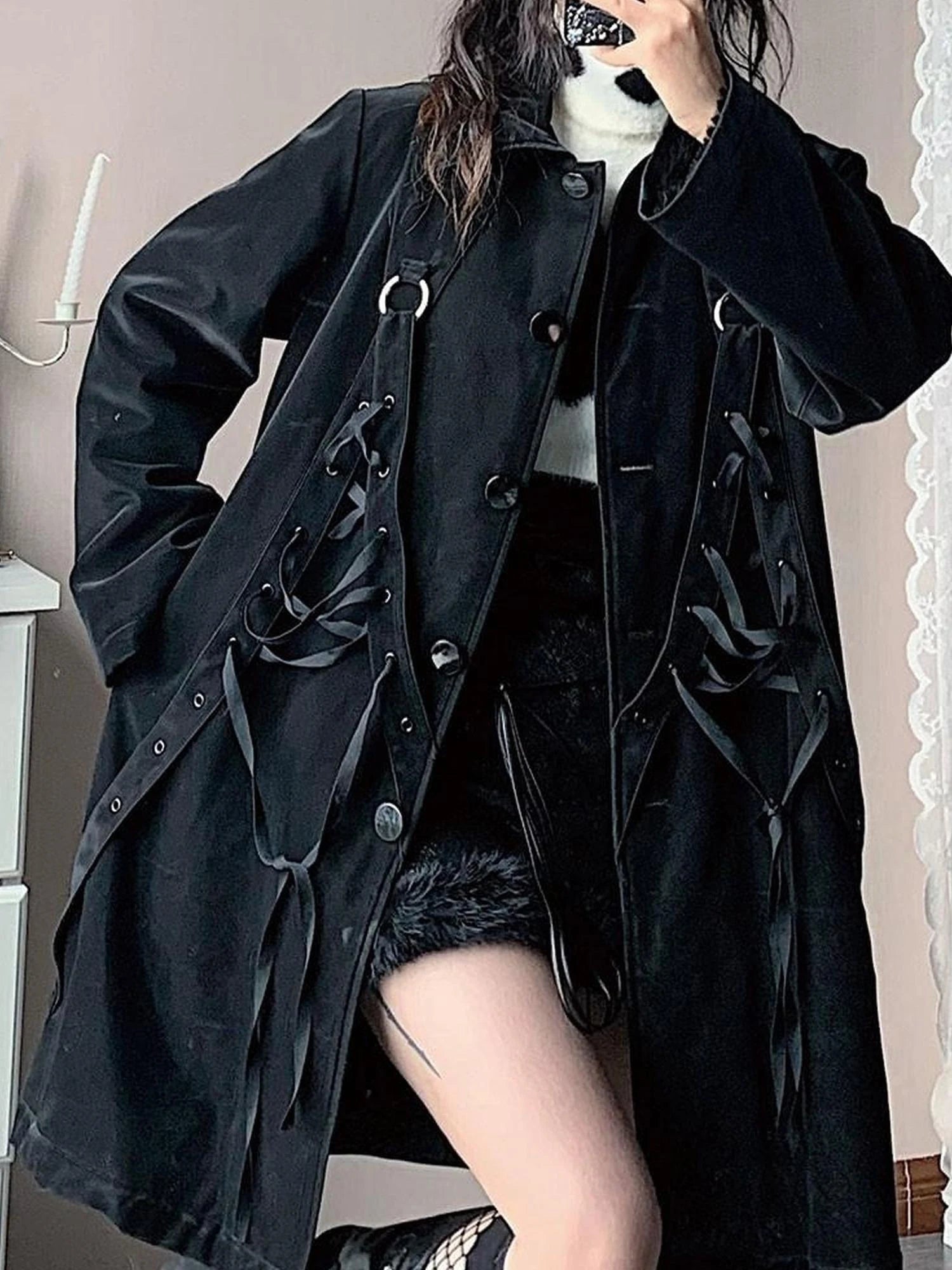 Black Punk Wool Lined Thick Leather Coat For Women