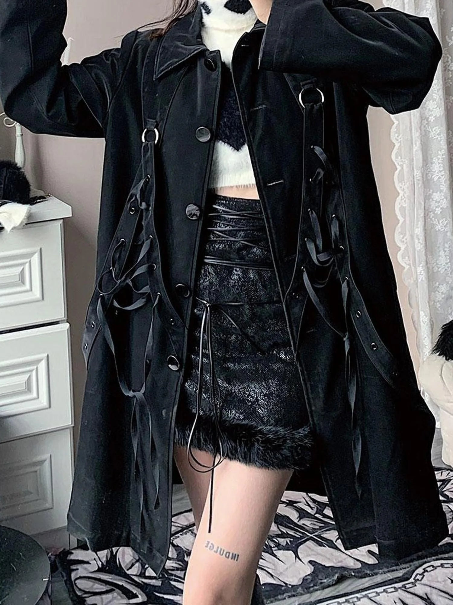 Black Punk Wool Lined Thick Leather Coat For Women