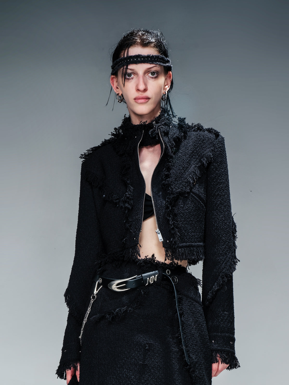 NN NORTH NODE Fringed Tweed Set Edgy Jacket Asymmetric Skirt