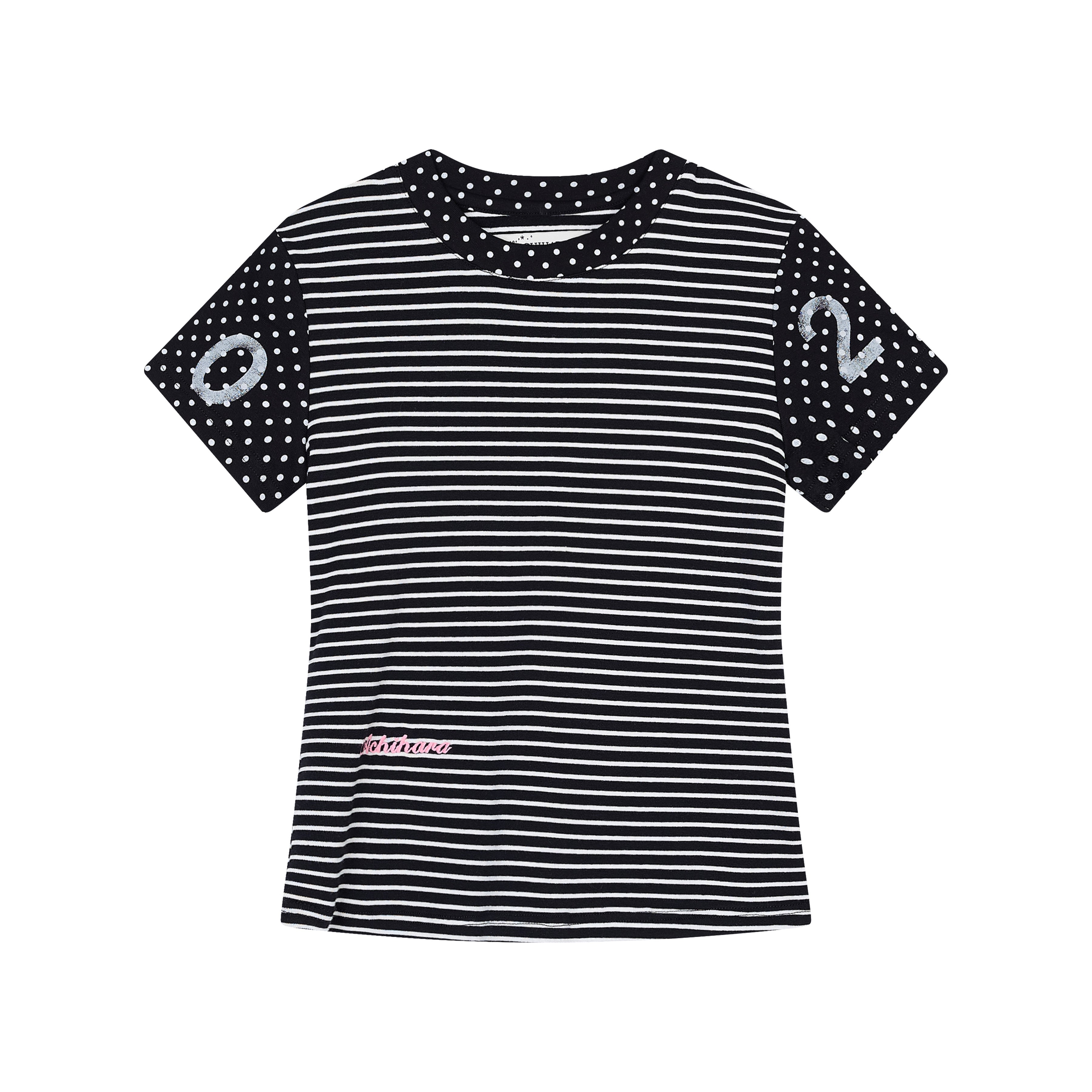 Achihara Fault Stripe Dot Print Tee Retro Vintage Style Cotton Blend