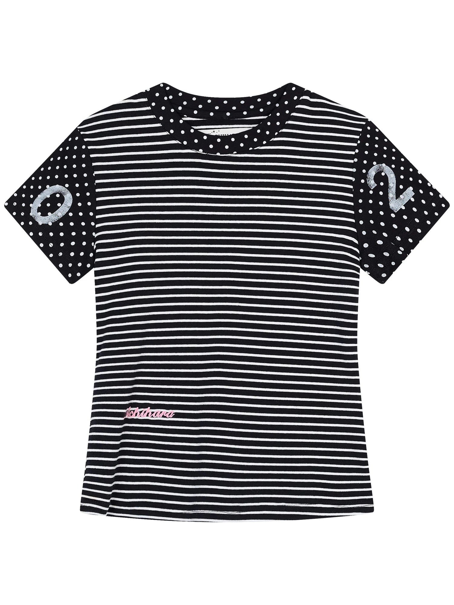 Fault Stripe Dot Print Tee Retro Vintage Style Cotton Blend