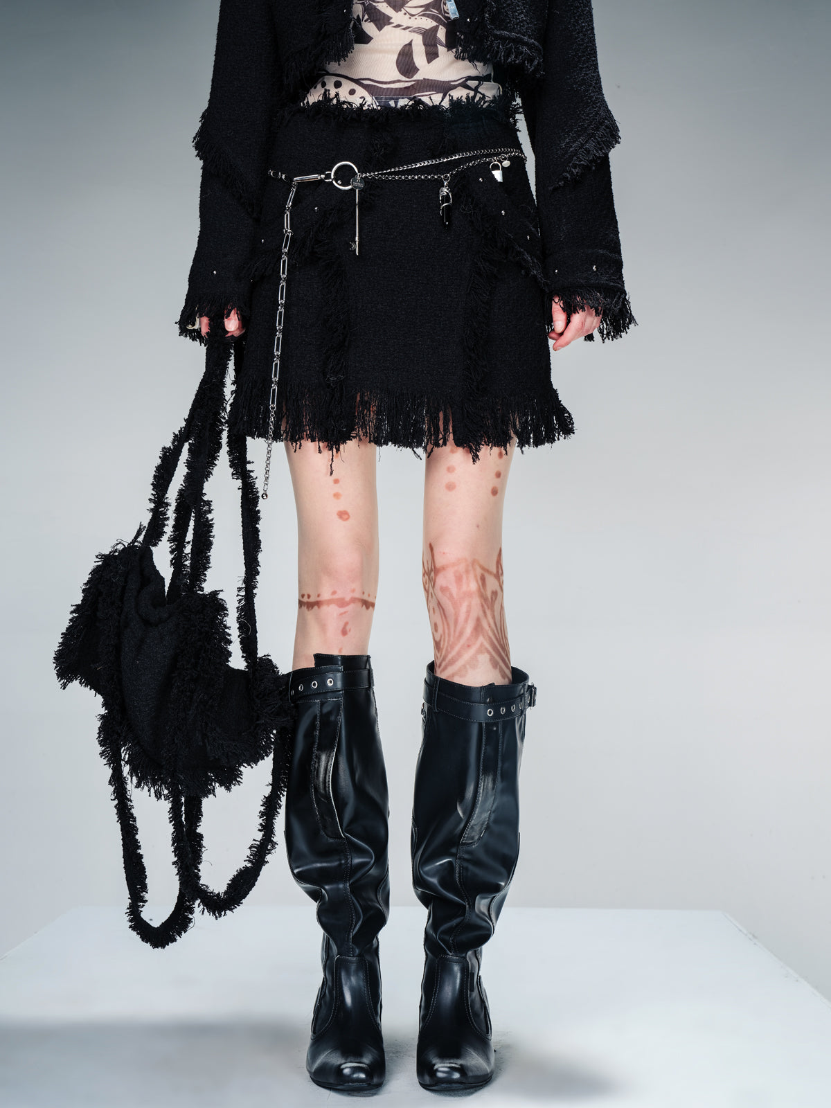 NN NORTH NODE Fringed Tweed Set Edgy Jacket Asymmetric Skirt