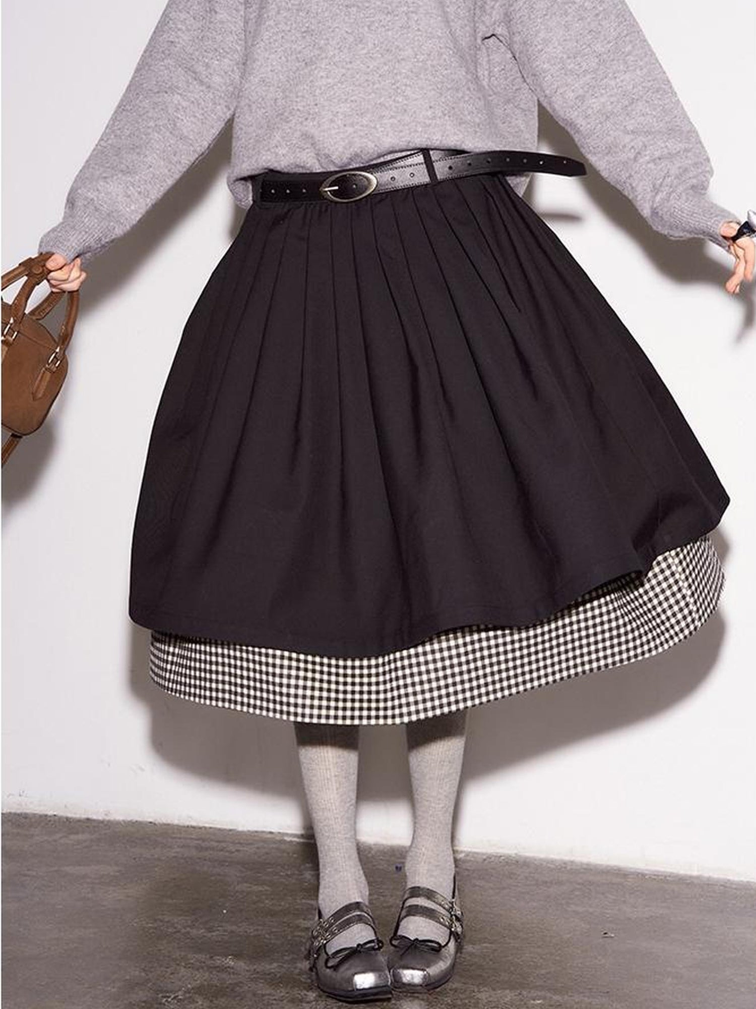 DIDDI MODA Black White Checkered Layered Winter A Line Skirt