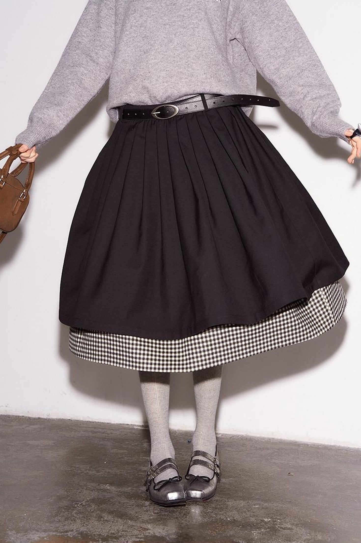 DIDDI MODA Black White Checkered Layered Winter A Line Skirt