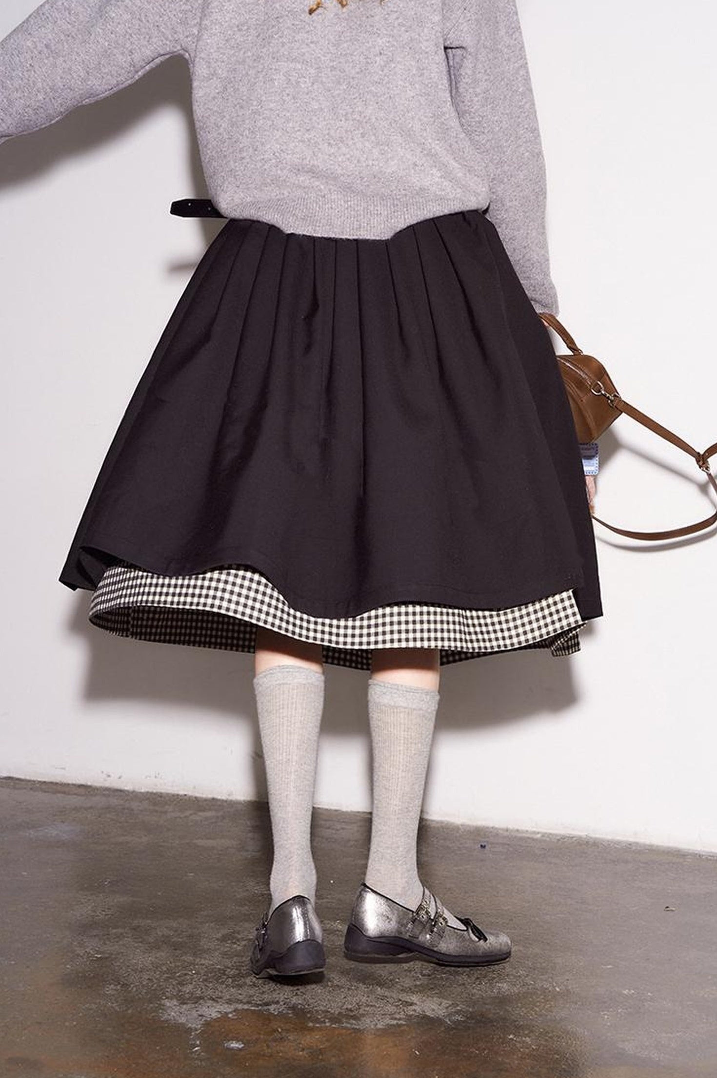 DIDDI MODA Black White Checkered Layered Winter A Line Skirt