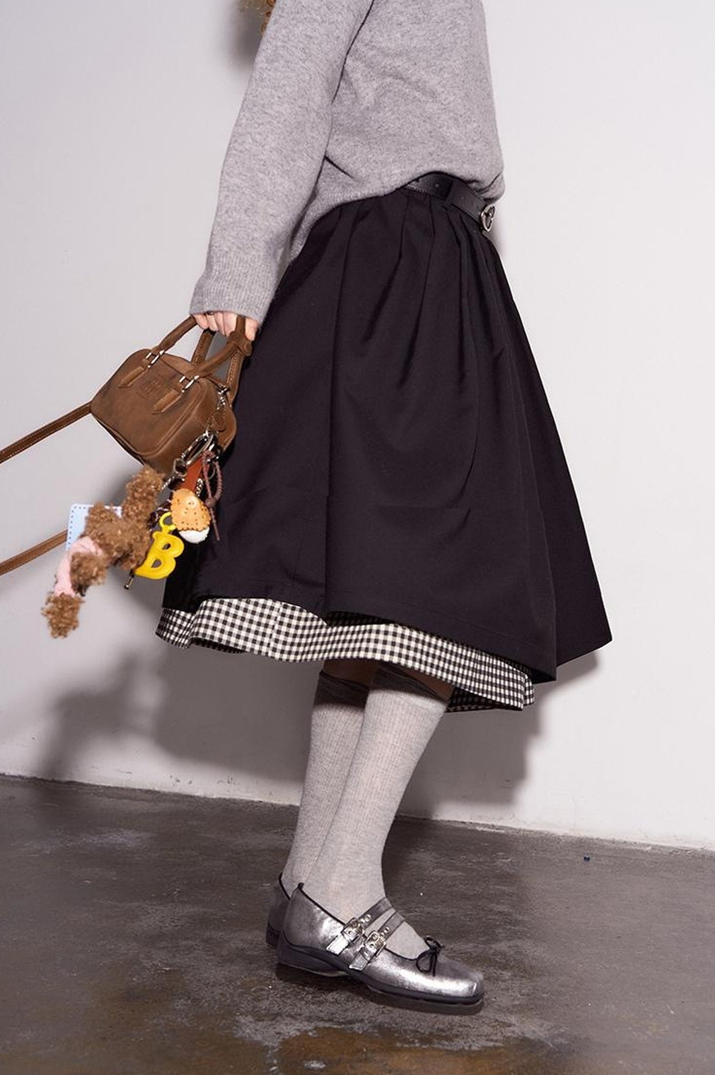 DIDDI MODA Black White Checkered Layered Winter A Line Skirt