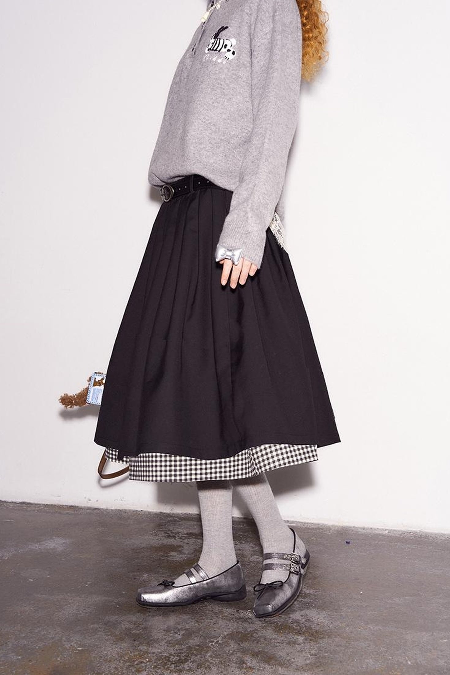 DIDDI MODA Black White Checkered Layered Winter A Line Skirt