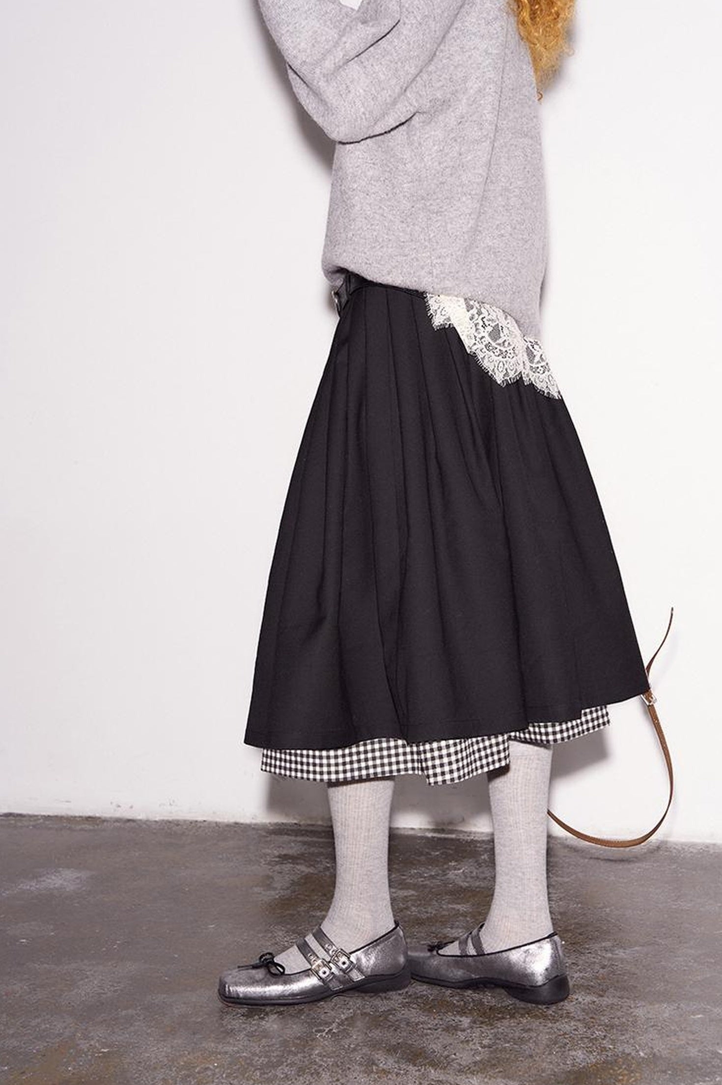 DIDDI MODA Black White Checkered Layered Winter A Line Skirt