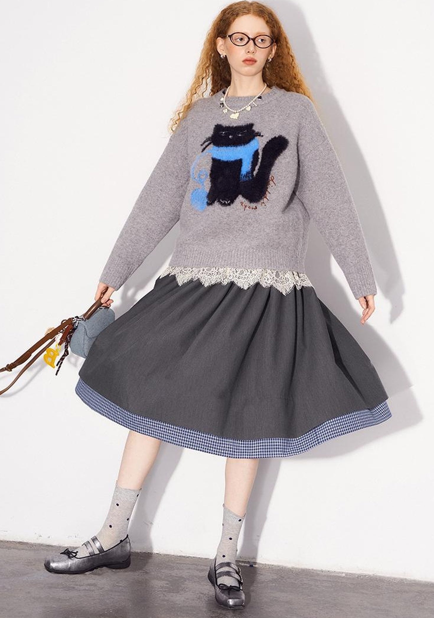 DIDDI MODA Black White Checkered Layered Winter A Line Skirt