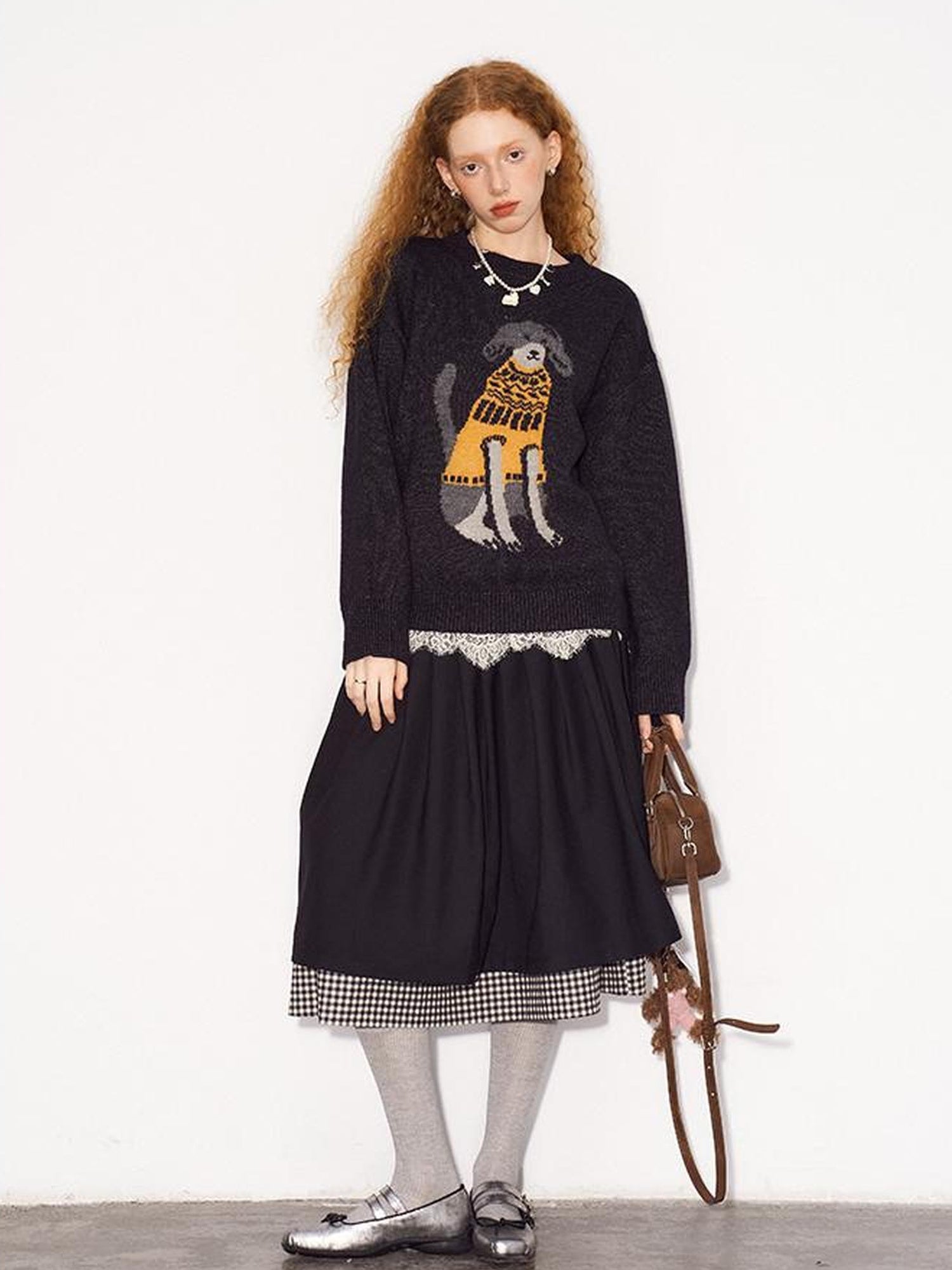 DIDDI MODA Black White Checkered Layered Winter A Line Skirt