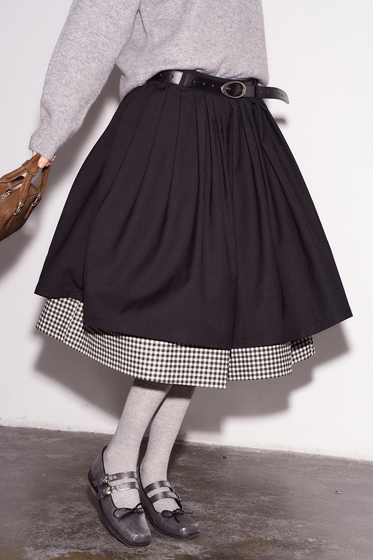 DIDDI MODA Black White Checkered Layered Winter A Line Skirt