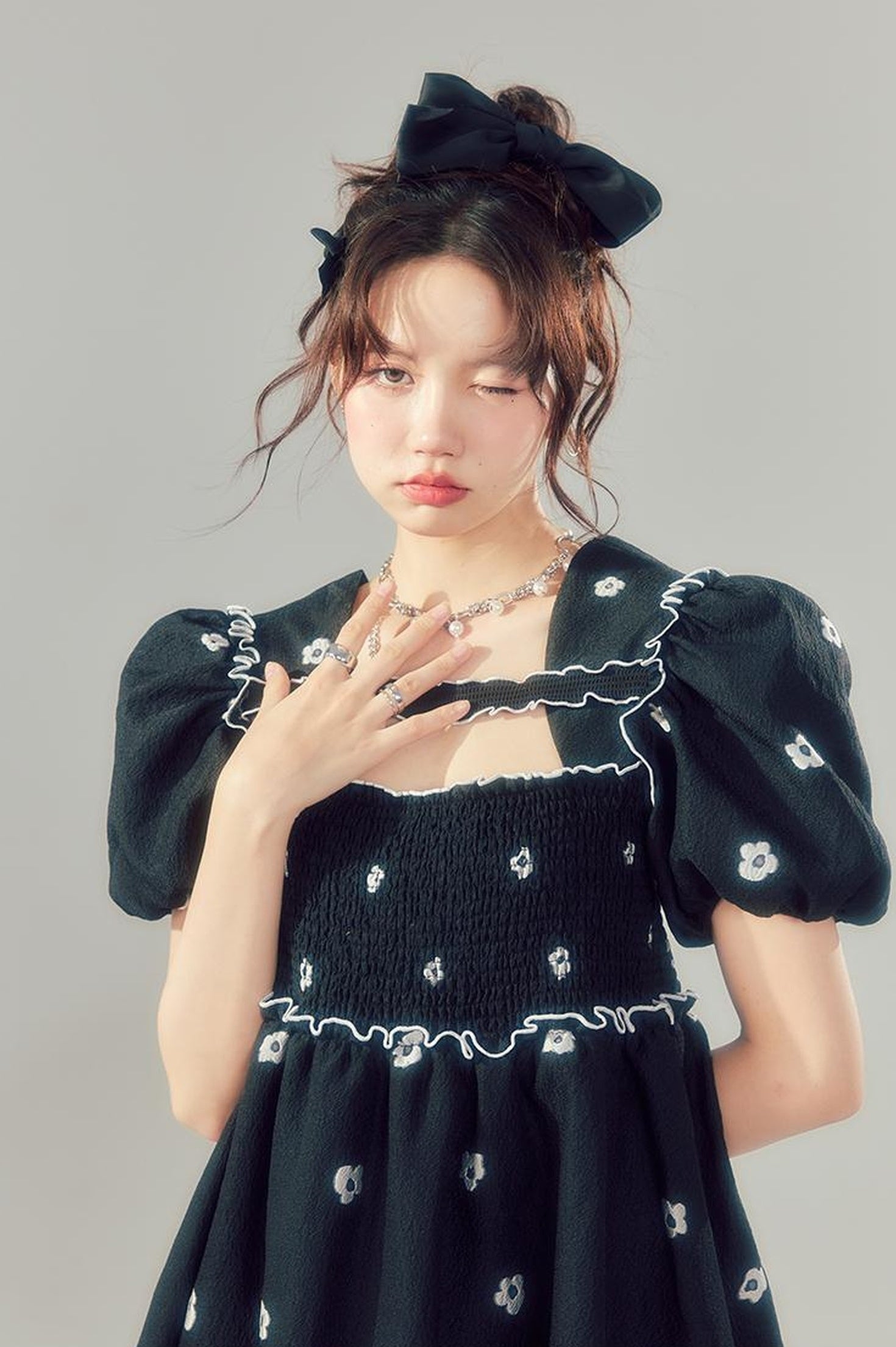 DIDDI MODA Black White Floral Smocked Babydoll Dress With Back Cutout