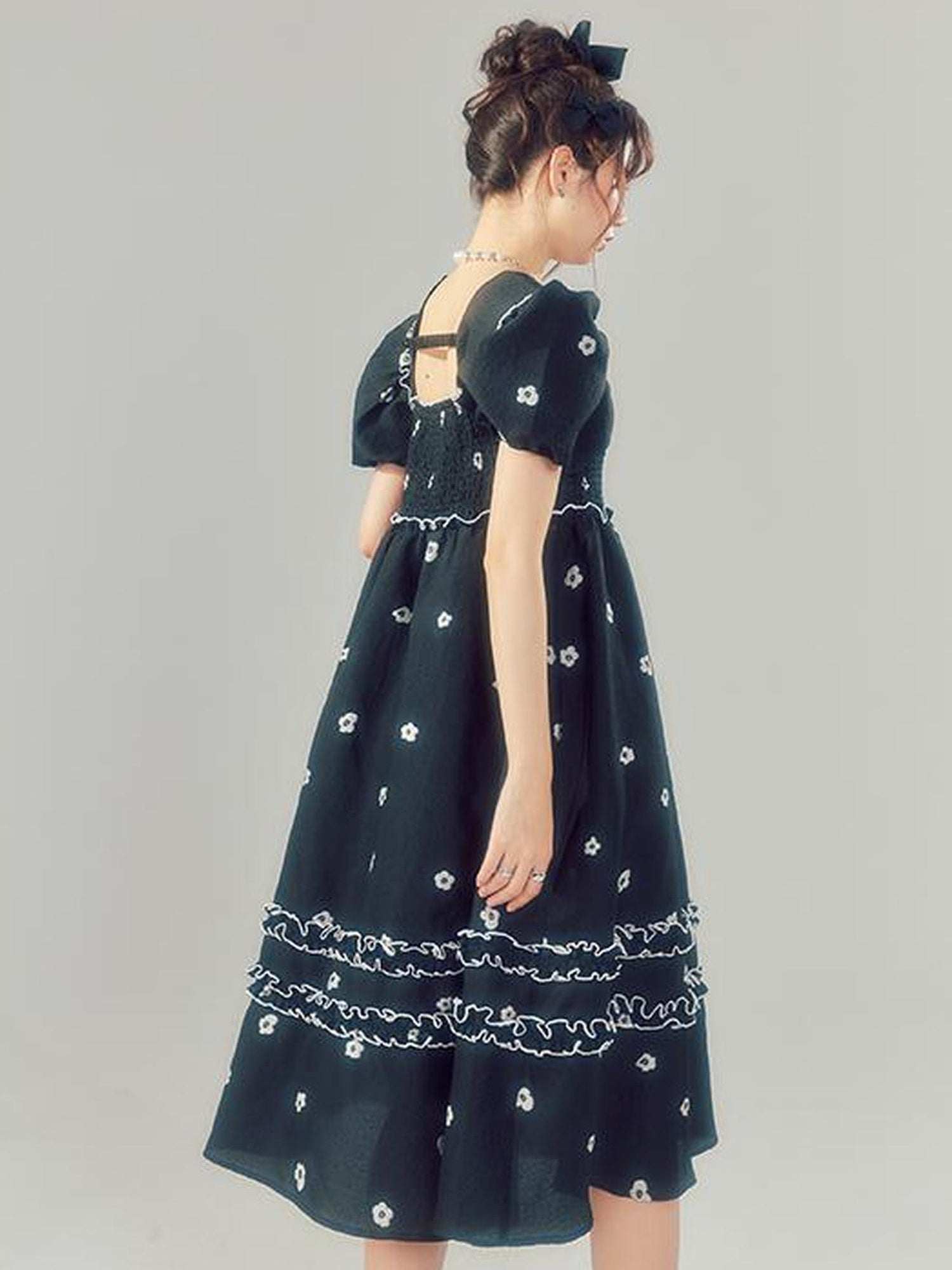 DIDDI MODA Black White Floral Smocked Babydoll Dress With Back Cutout