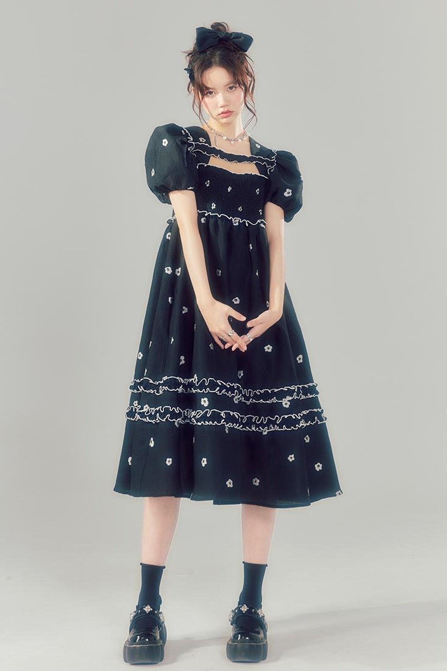 DIDDI MODA Black White Floral Smocked Babydoll Dress With Back Cutout