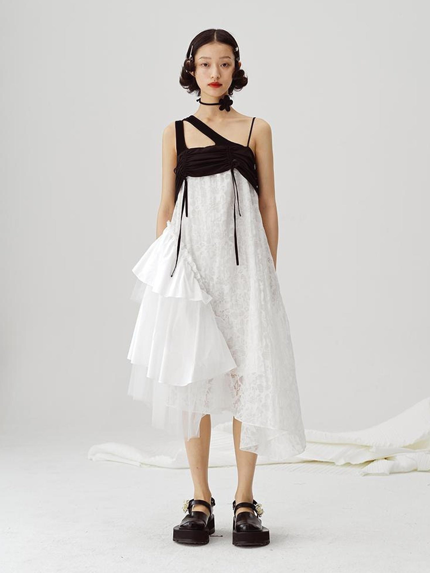 DIDDI MODA Black White Mesh Jacquard Asymmetrical Dress