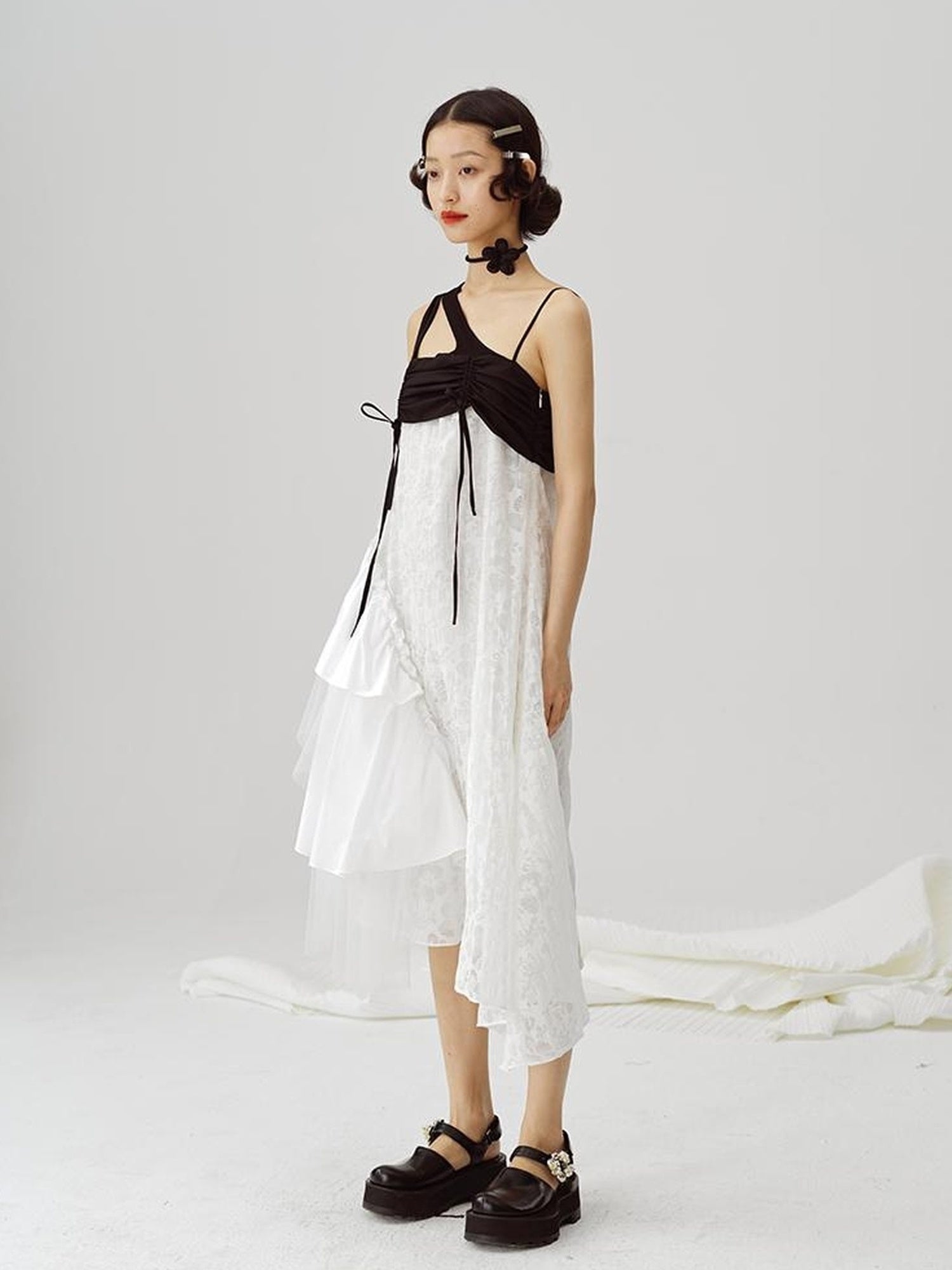 DIDDI MODA Black White Mesh Jacquard Asymmetrical Dress