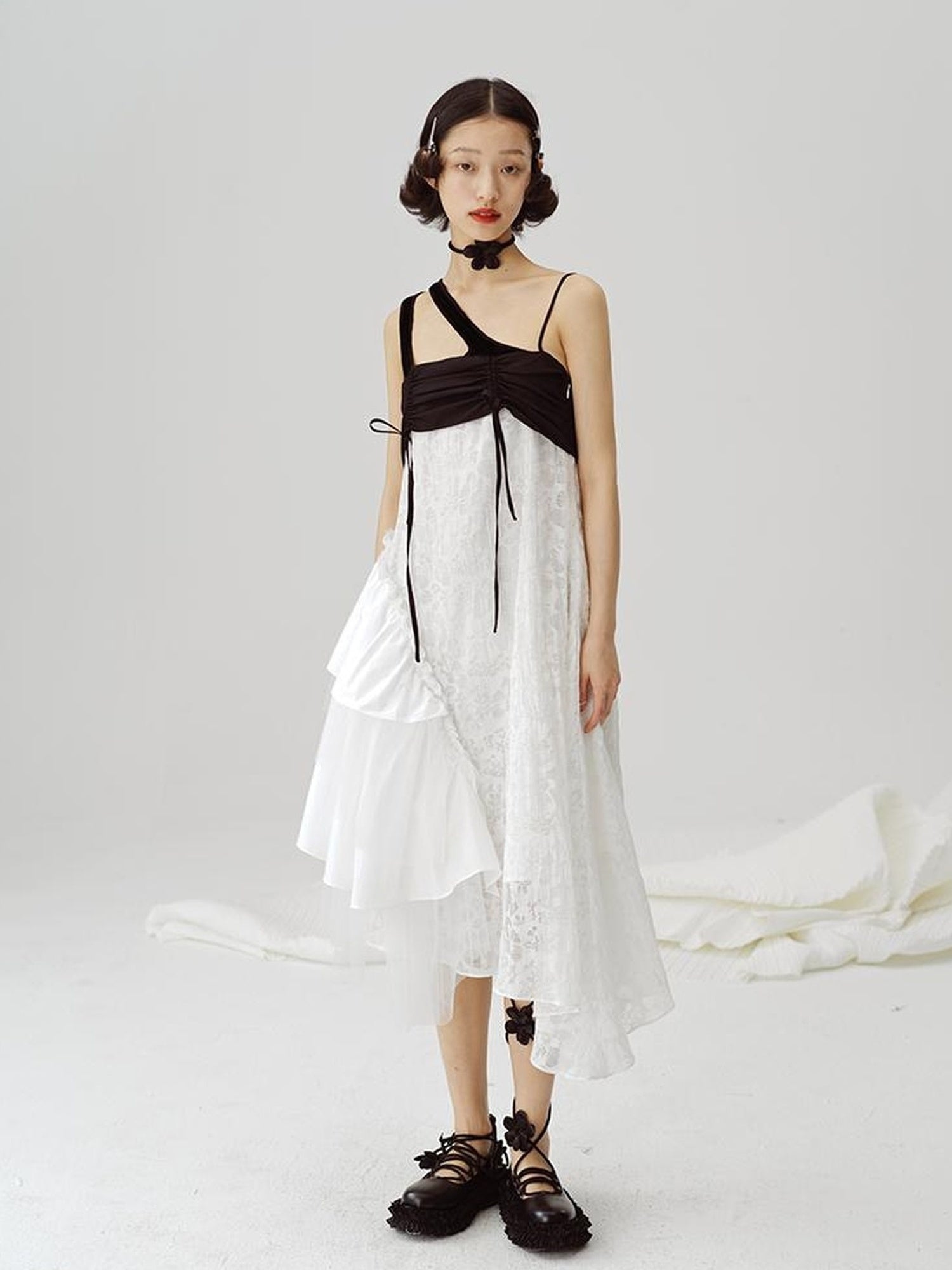 DIDDI MODA Black White Mesh Jacquard Asymmetrical Dress