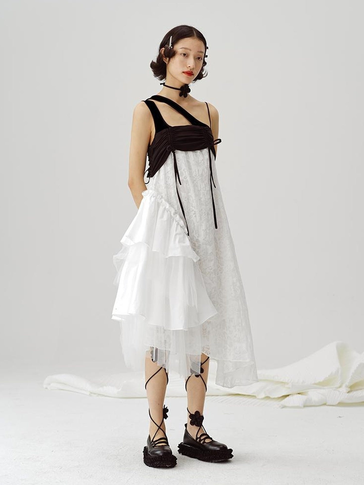 DIDDI MODA Black White Mesh Jacquard Asymmetrical Dress