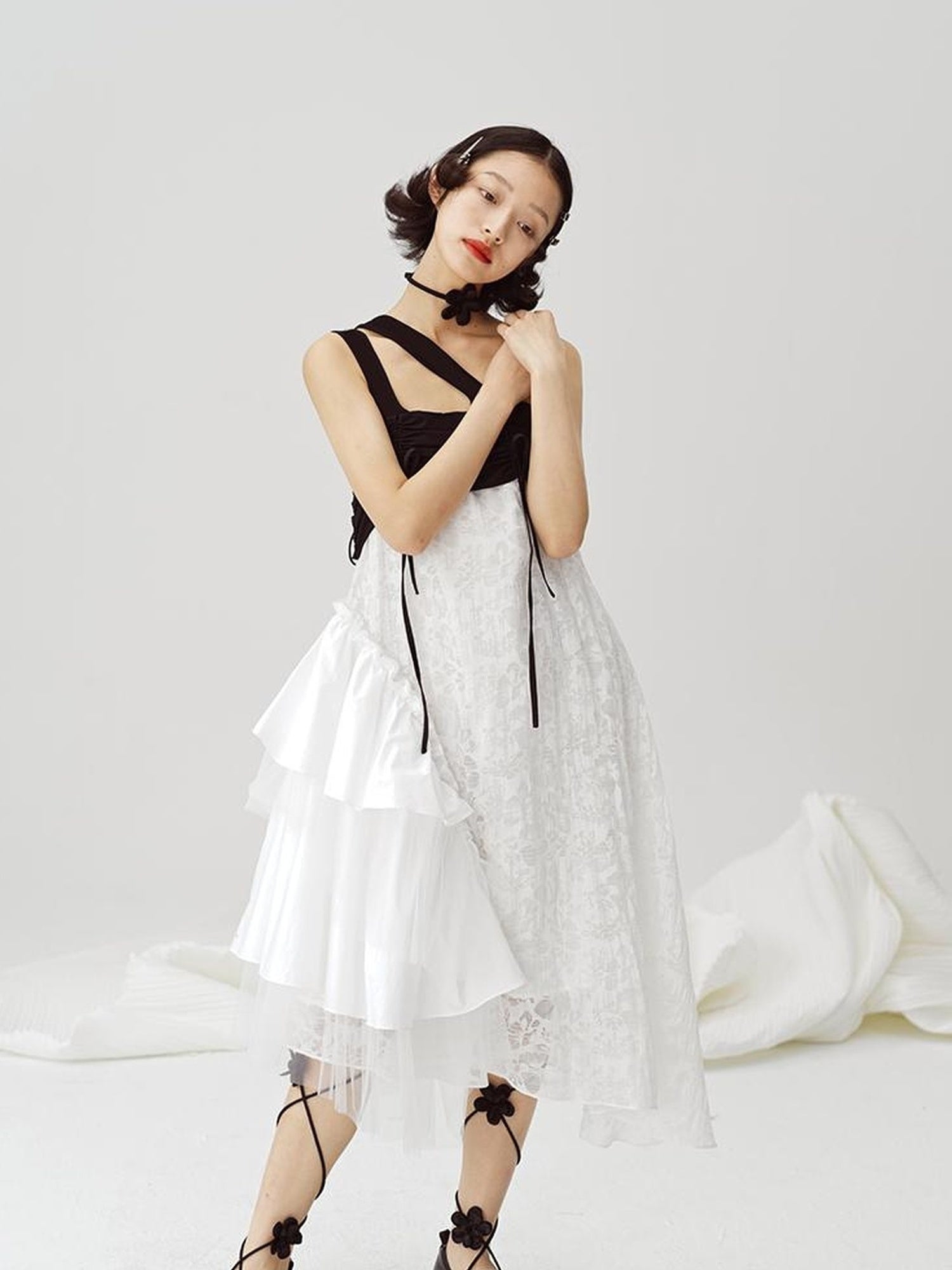 DIDDI MODA Black White Mesh Jacquard Asymmetrical Dress