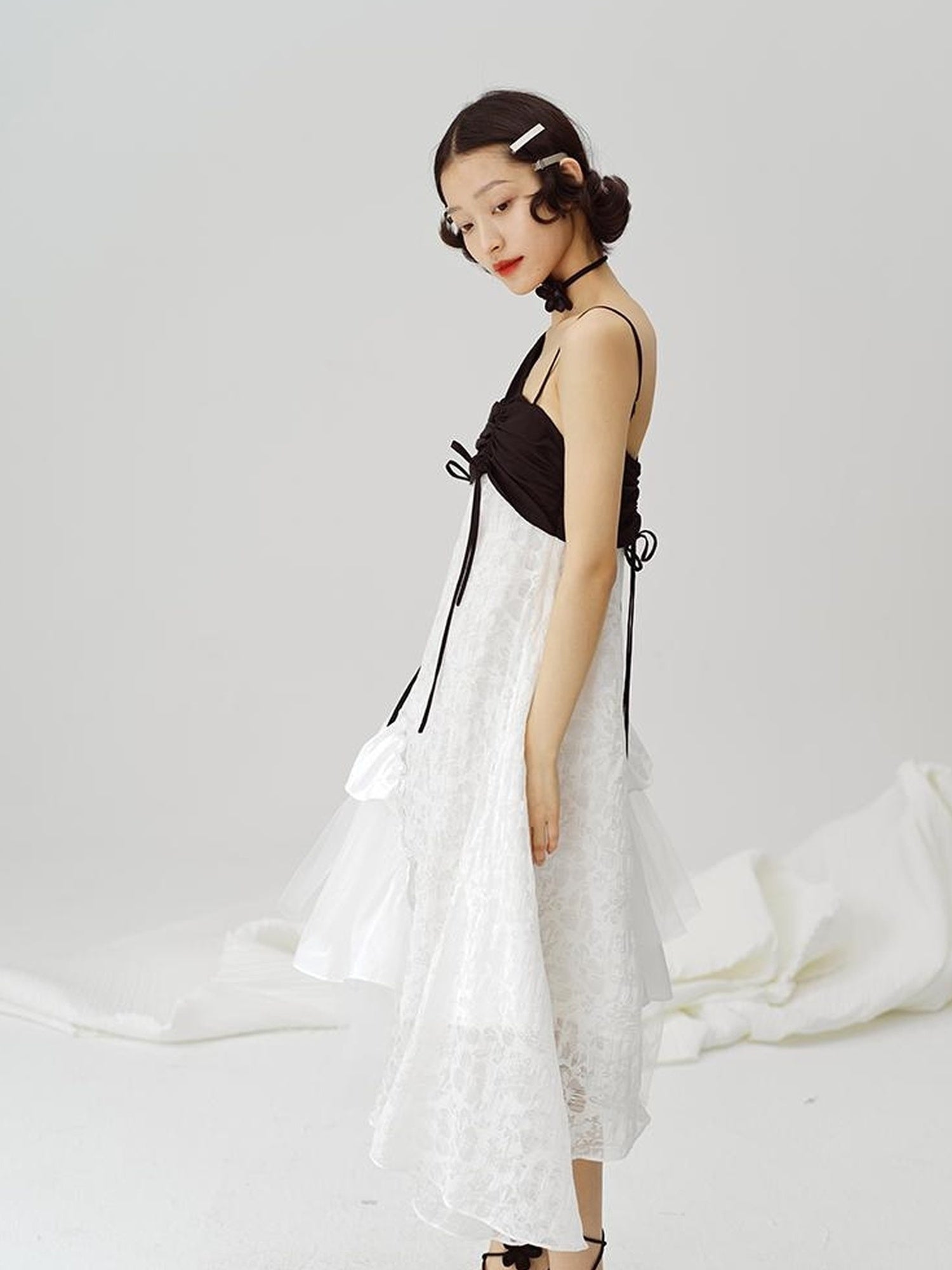 DIDDI MODA Black White Mesh Jacquard Asymmetrical Dress