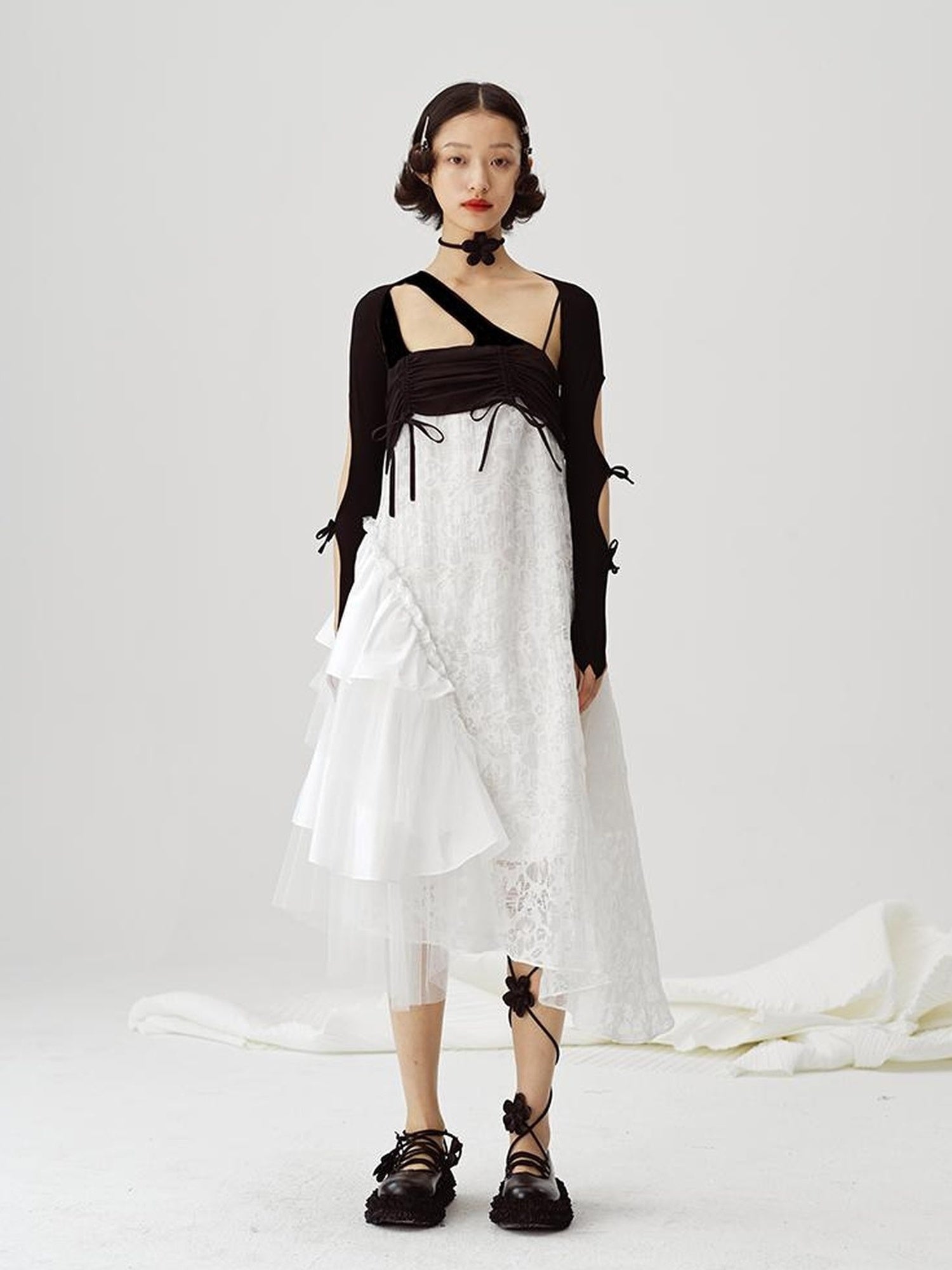 DIDDI MODA Black White Mesh Jacquard Asymmetrical Dress