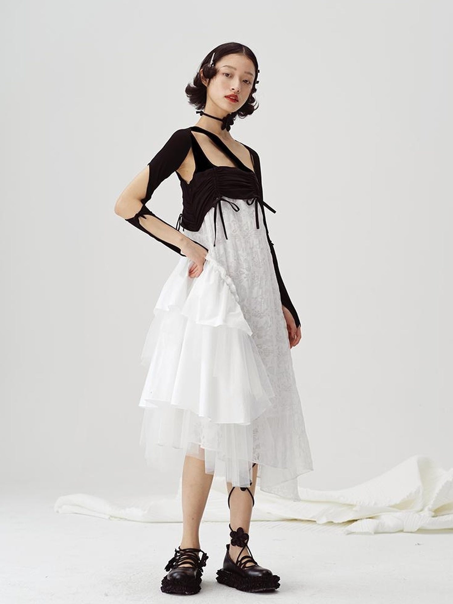 DIDDI MODA Black White Mesh Jacquard Asymmetrical Dress