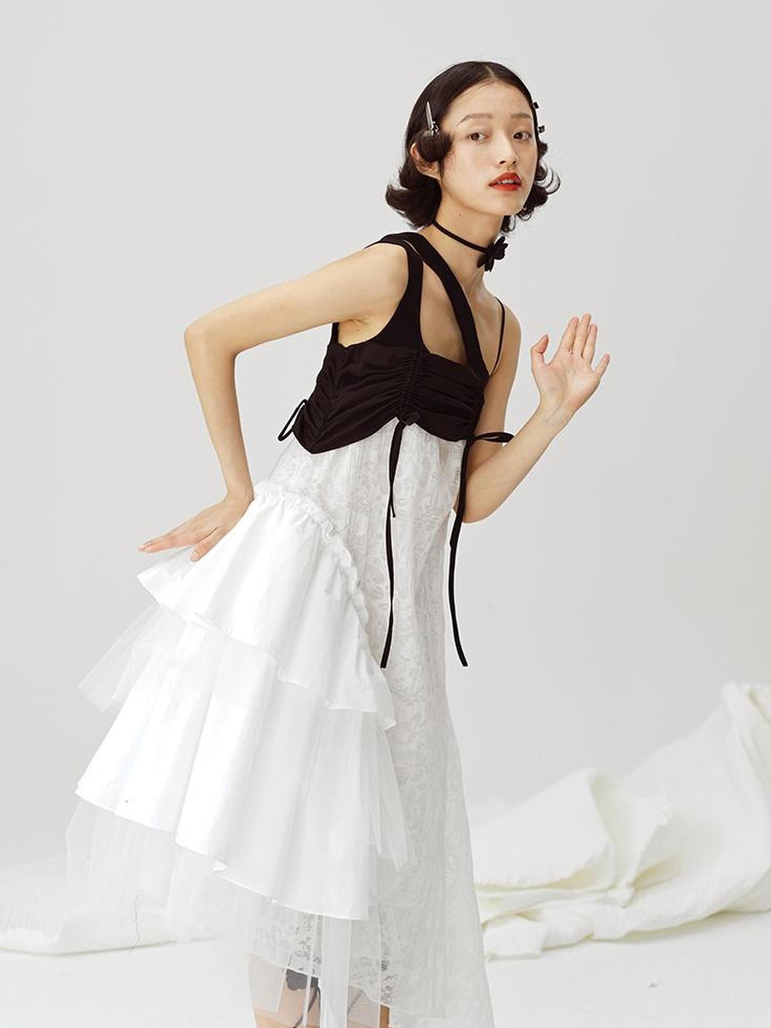 DIDDI MODA Black White Mesh Jacquard Asymmetrical Dress