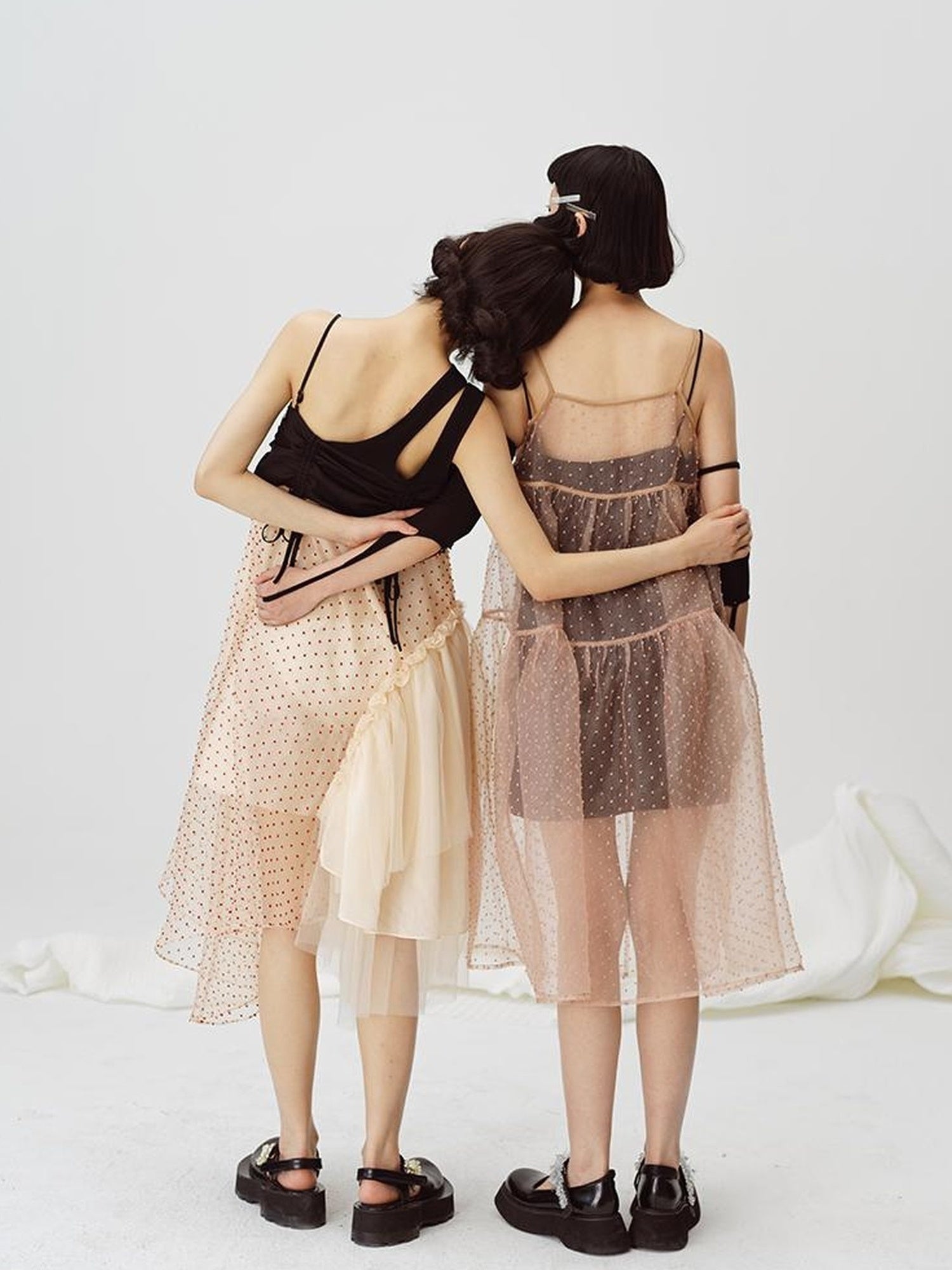 DIDDI MODA Black White Mesh Jacquard Asymmetrical Dress