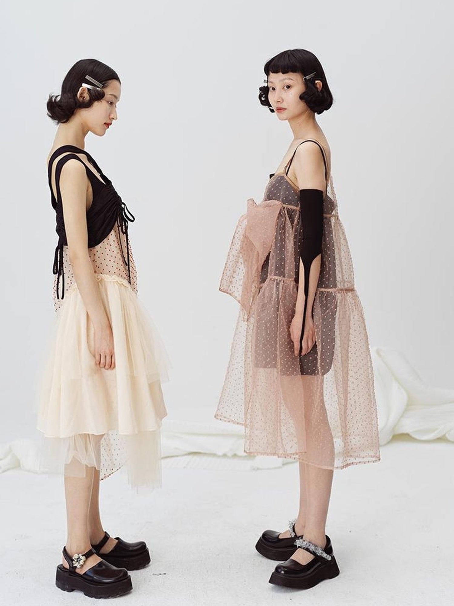 DIDDI MODA Black White Mesh Jacquard Asymmetrical Dress