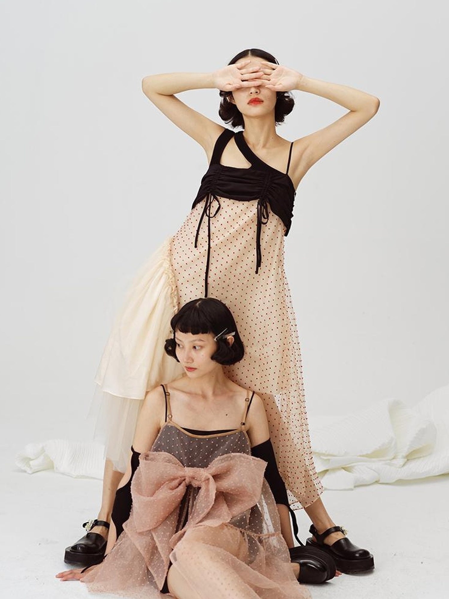 DIDDI MODA Black White Mesh Jacquard Asymmetrical Dress