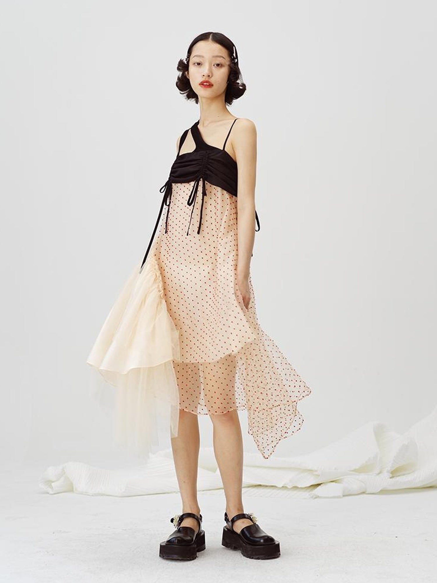 DIDDI MODA Black White Mesh Jacquard Asymmetrical Dress