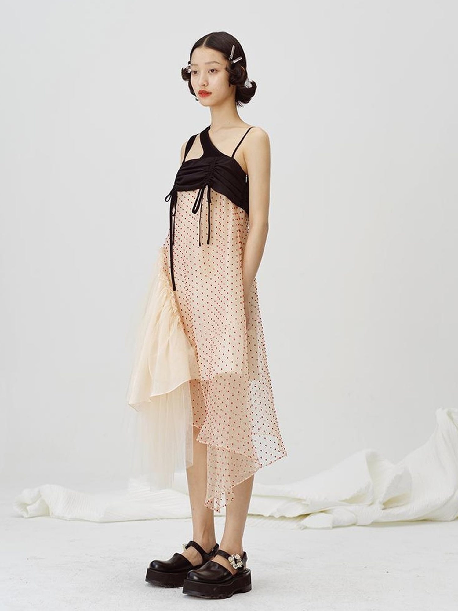 DIDDI MODA Black White Mesh Jacquard Asymmetrical Dress