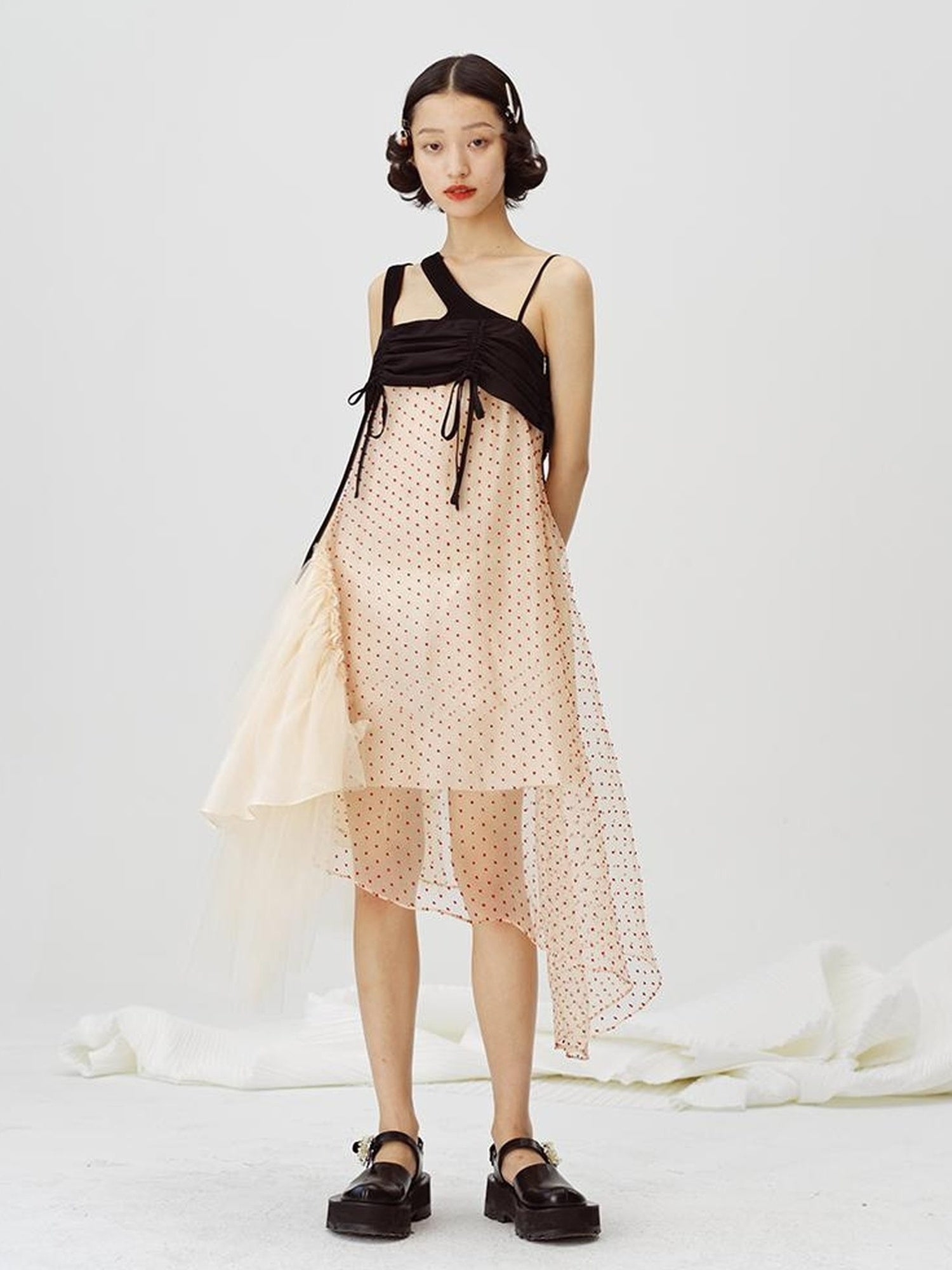 DIDDI MODA Black White Mesh Jacquard Asymmetrical Dress