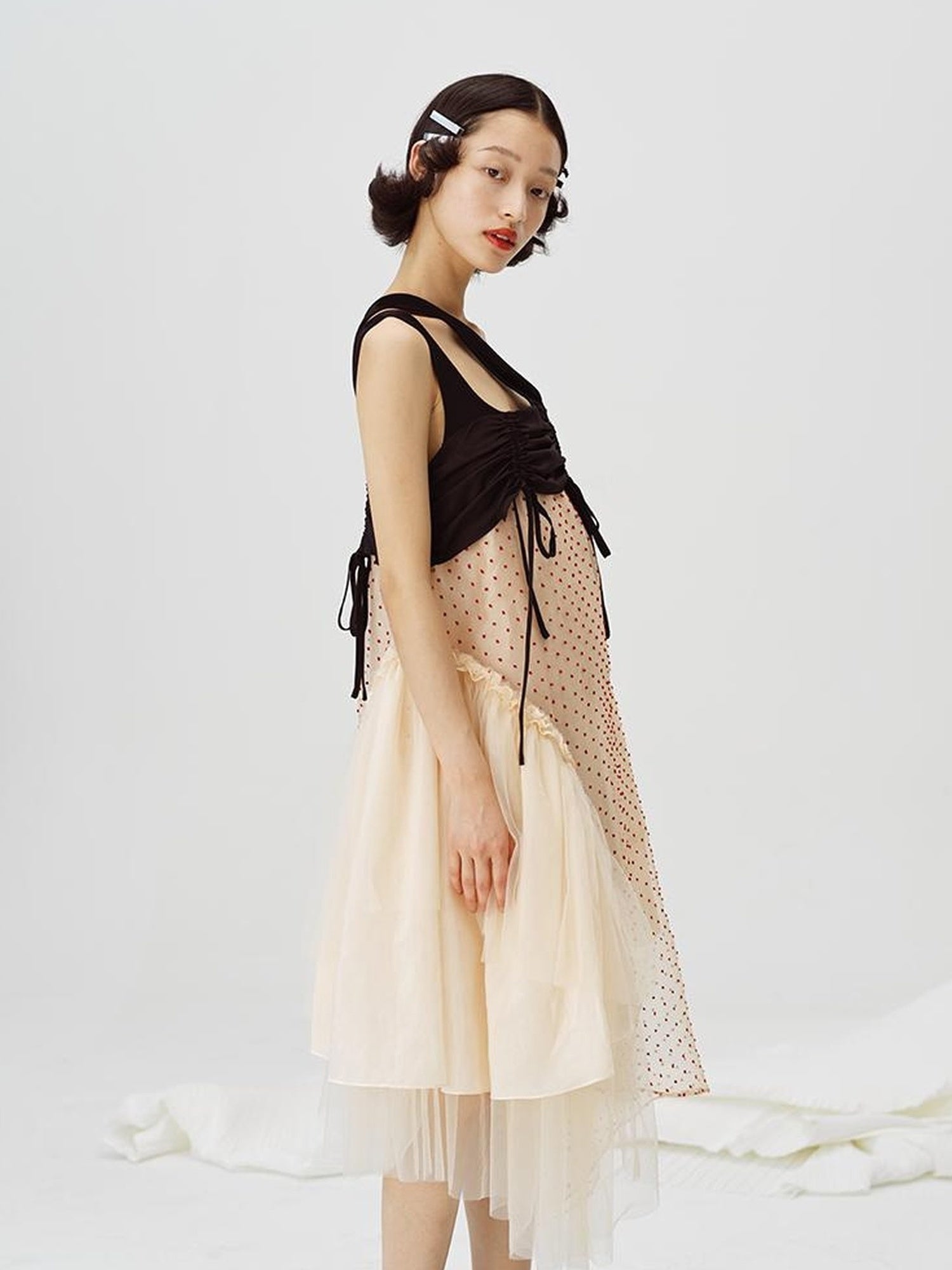 DIDDI MODA Black White Mesh Jacquard Asymmetrical Dress