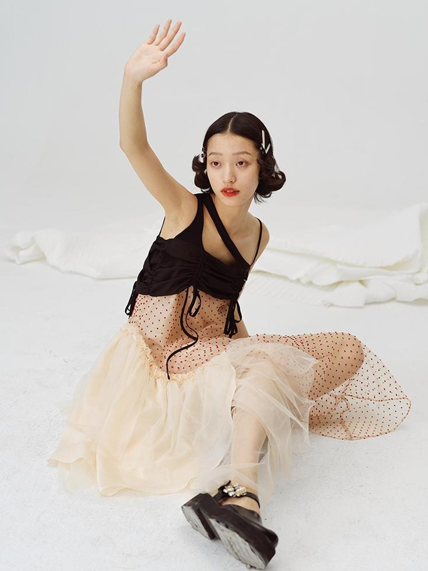 DIDDI MODA Black White Mesh Jacquard Asymmetrical Dress