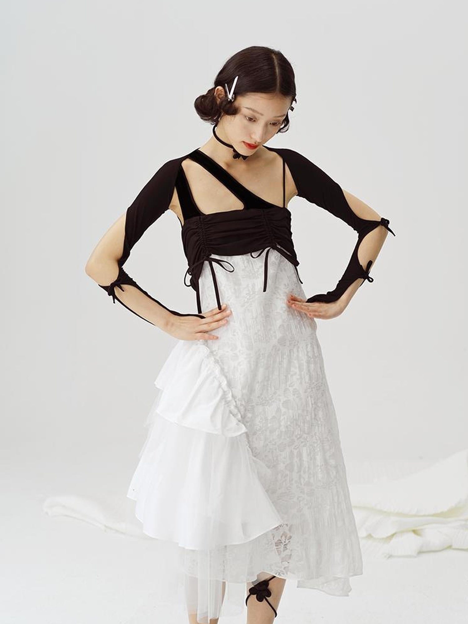 DIDDI MODA Black White Mesh Jacquard Asymmetrical Dress