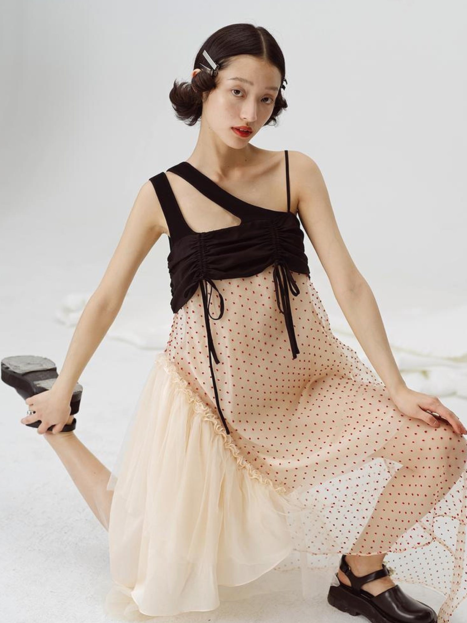 DIDDI MODA Black White Mesh Jacquard Asymmetrical Dress