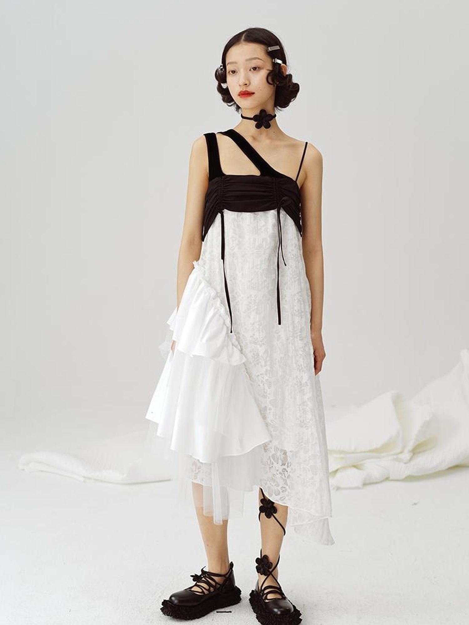 DIDDI MODA Black White Mesh Jacquard Asymmetrical Dress