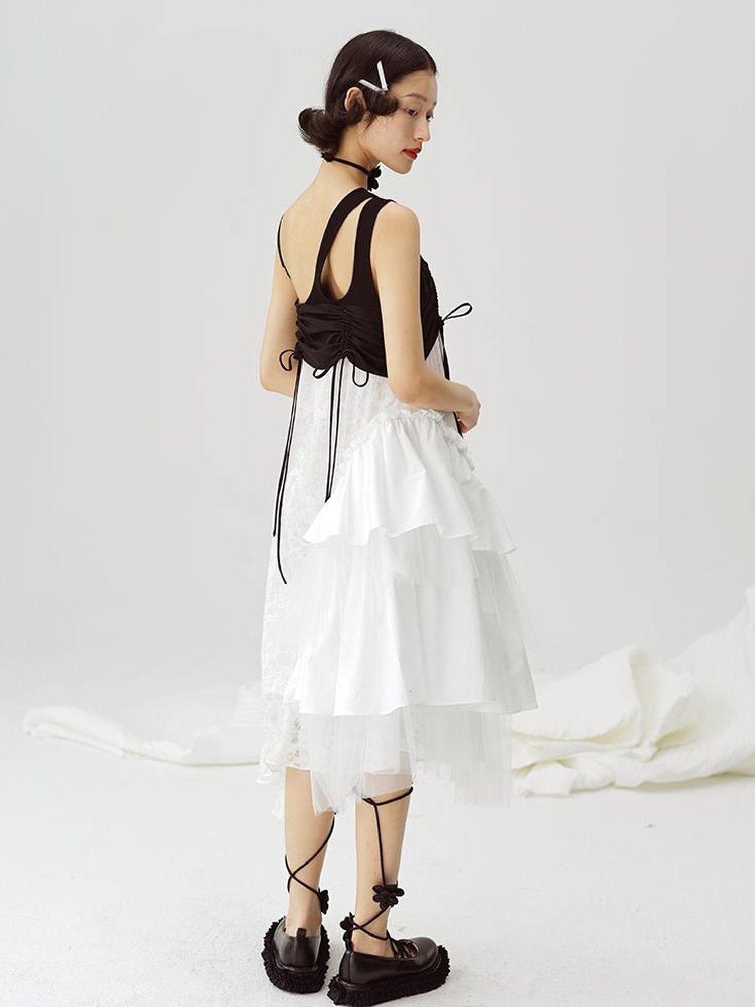 DIDDI MODA Black White Mesh Jacquard Asymmetrical Dress