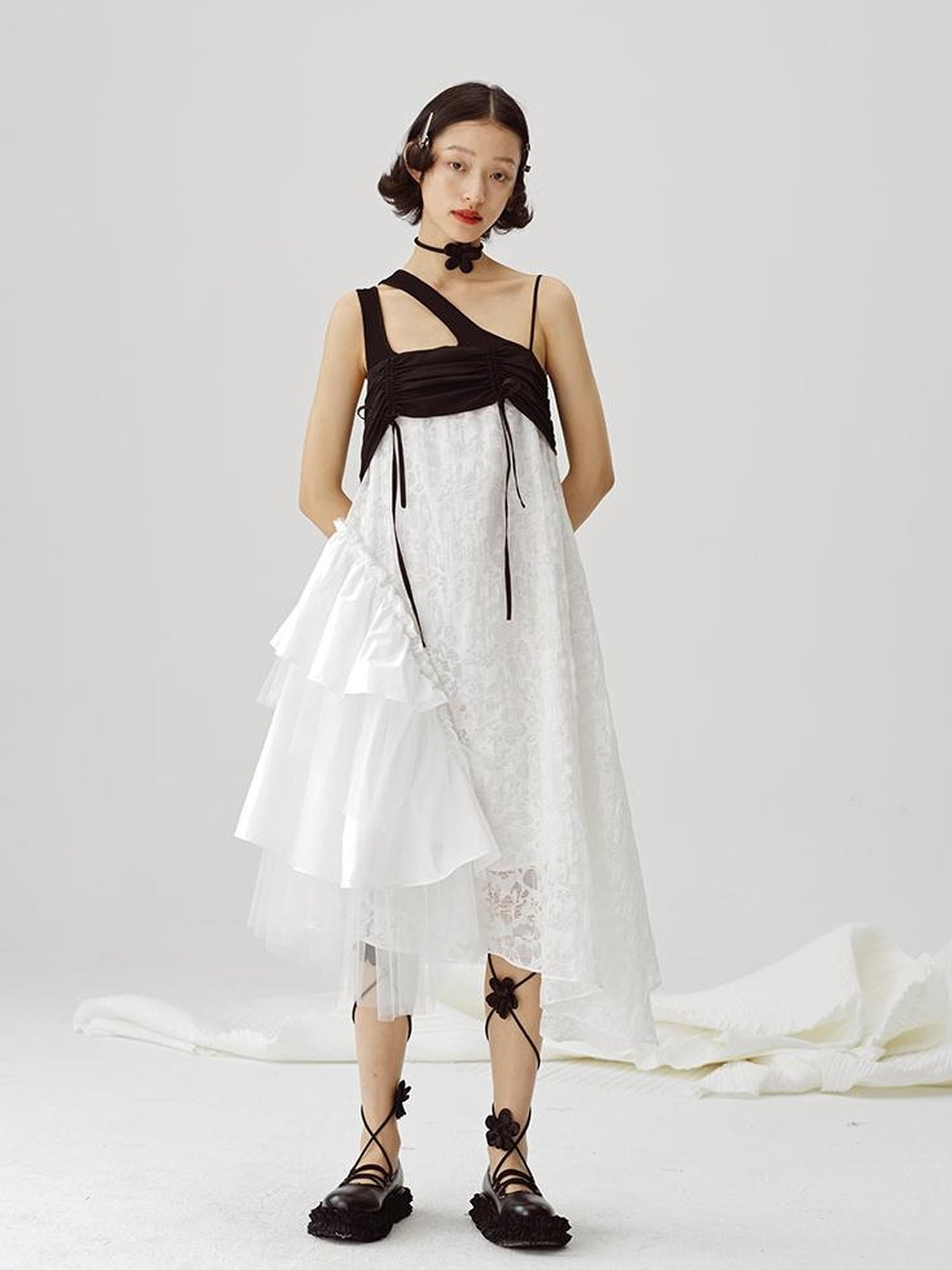 DIDDI MODA Black White Mesh Jacquard Asymmetrical Dress