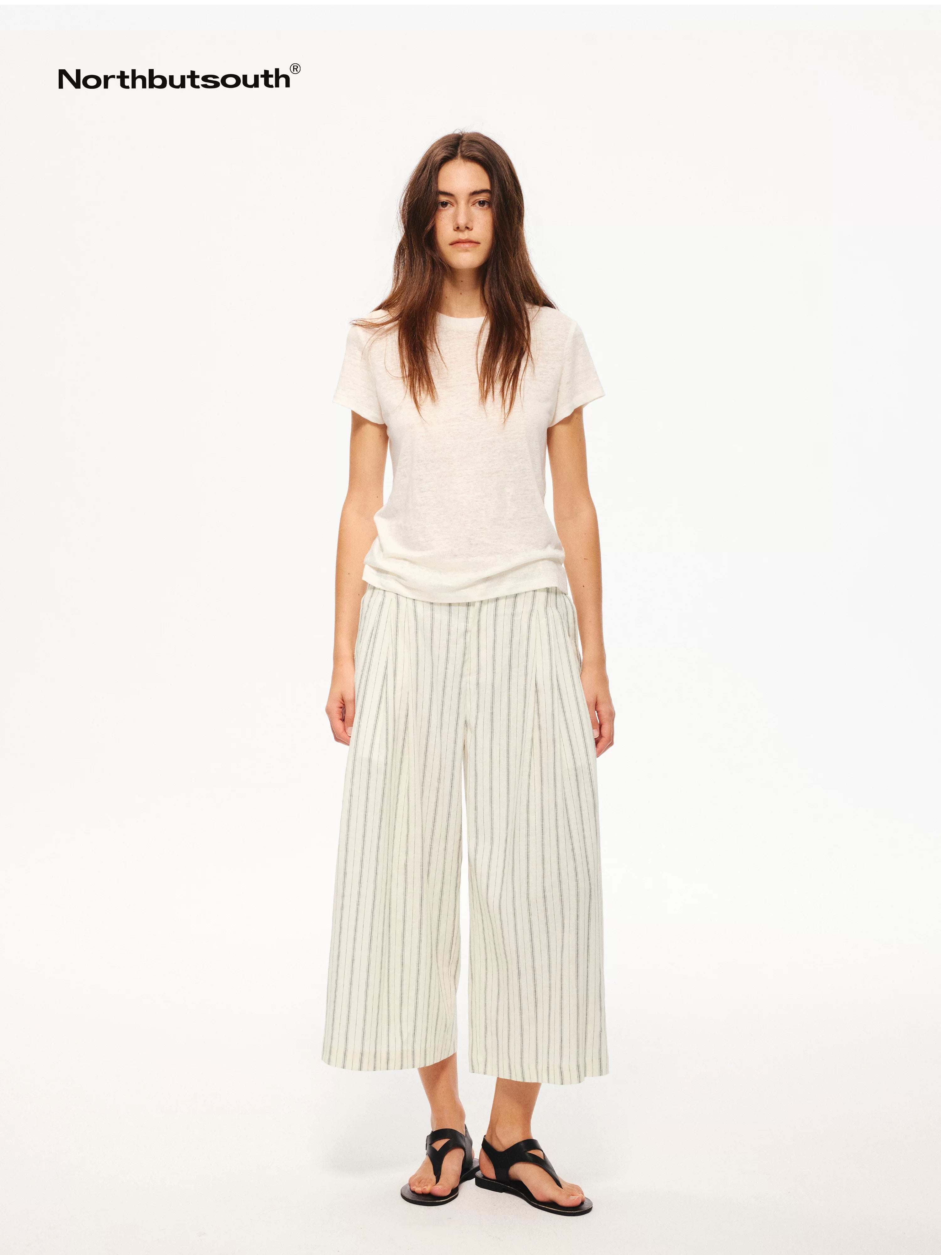 Black White Striped Double Pleated Cropped Women&