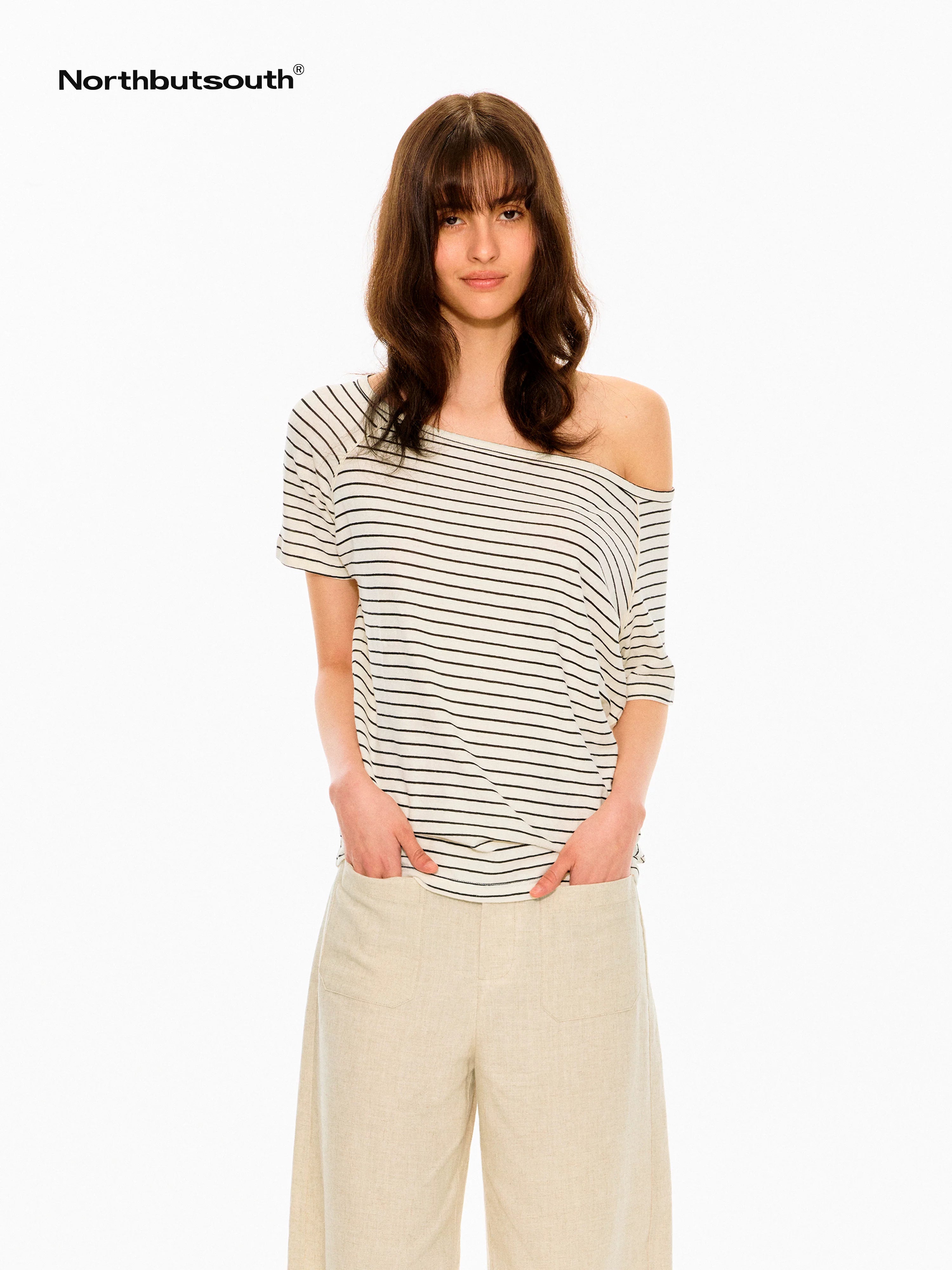 Black White Striped Slanted Shoulder Women&