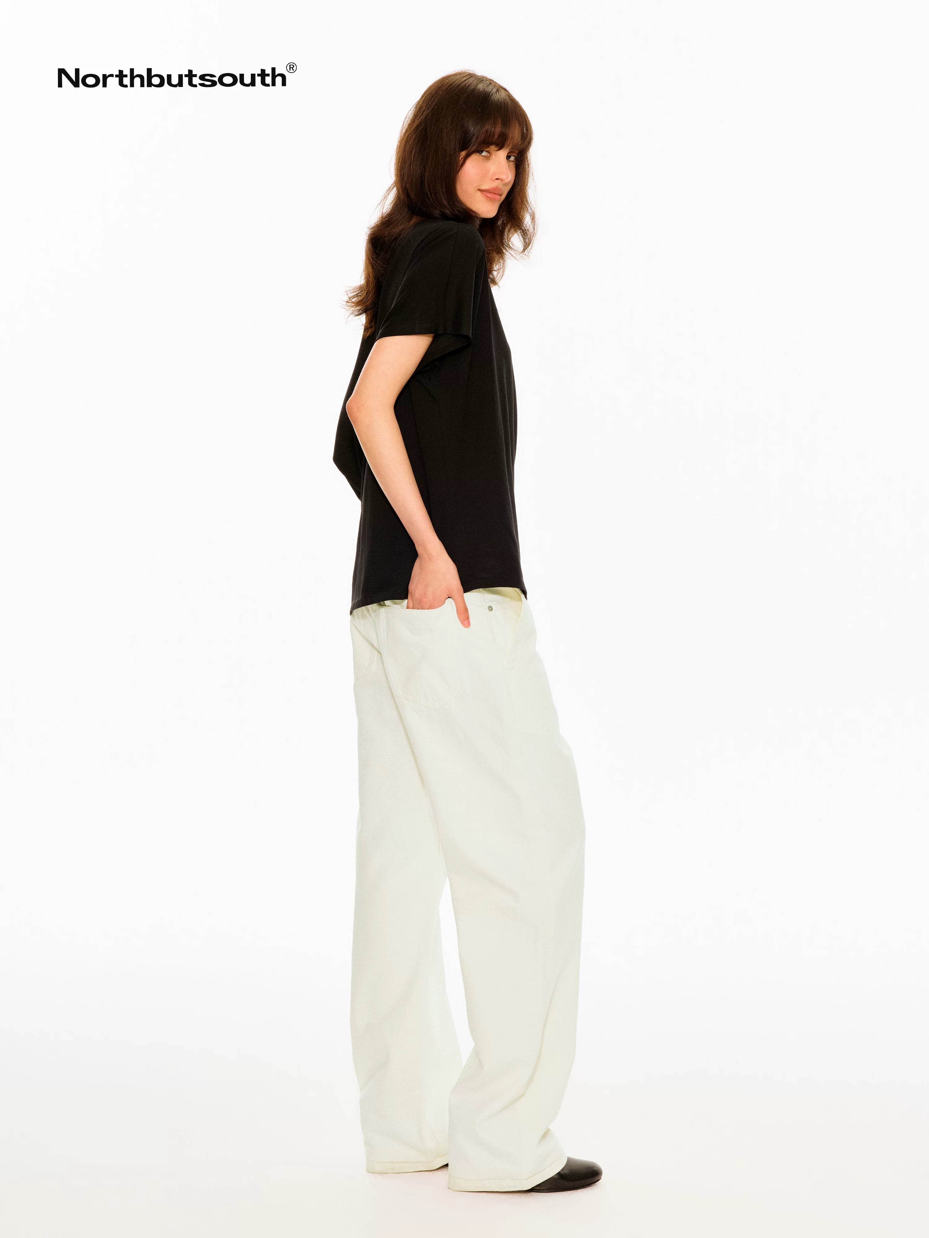Black White Washed Slanted Pockets Women&