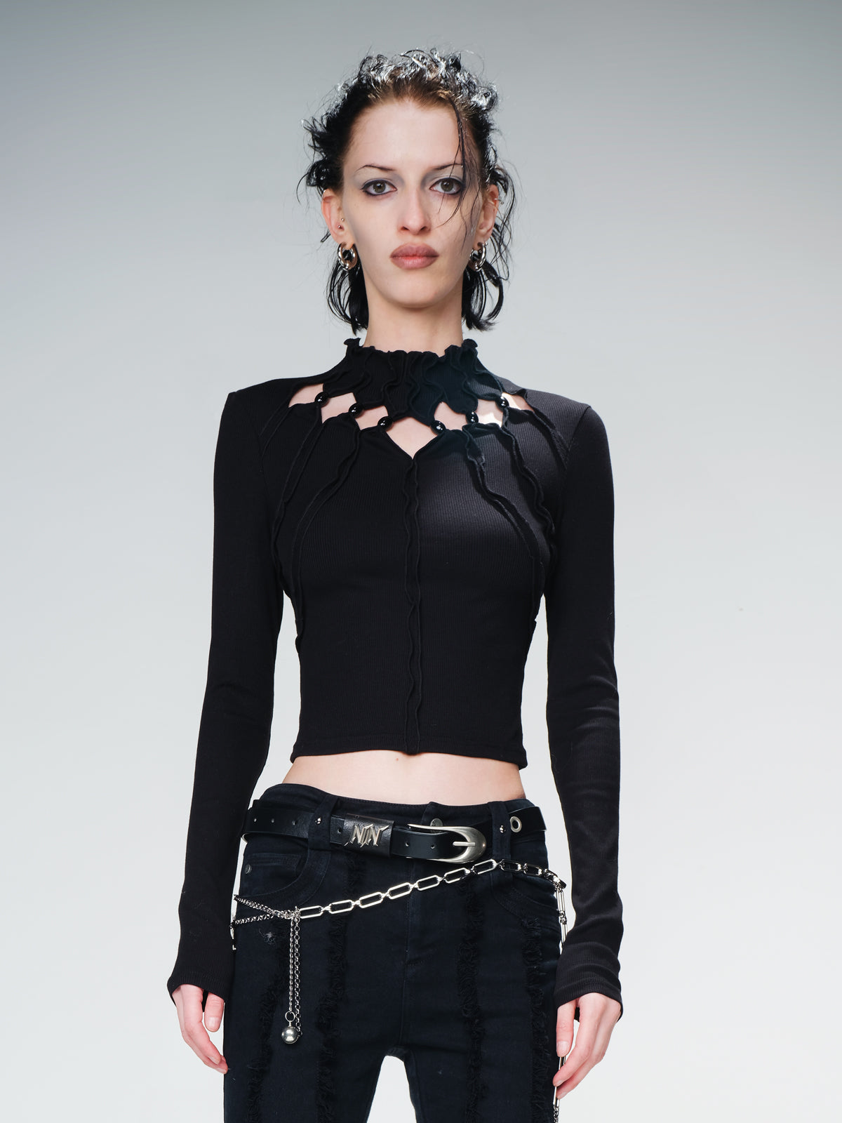 UpdateNN NORTH NODE Knitted Beaded Cutout Turtleneck Top