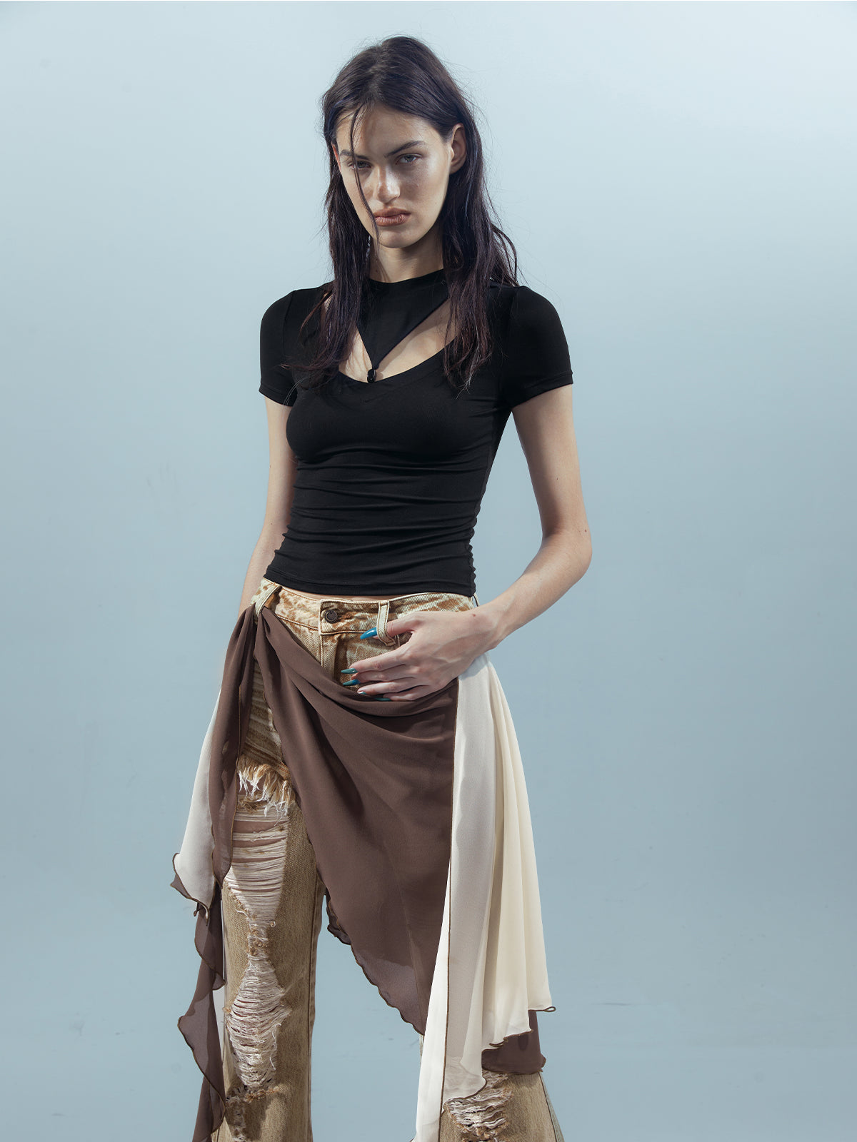 UpdateNN NORTH NODE Piscean Odyssey Ethereal Hollowed Beaded V-neck T-shirt Long Sleeve